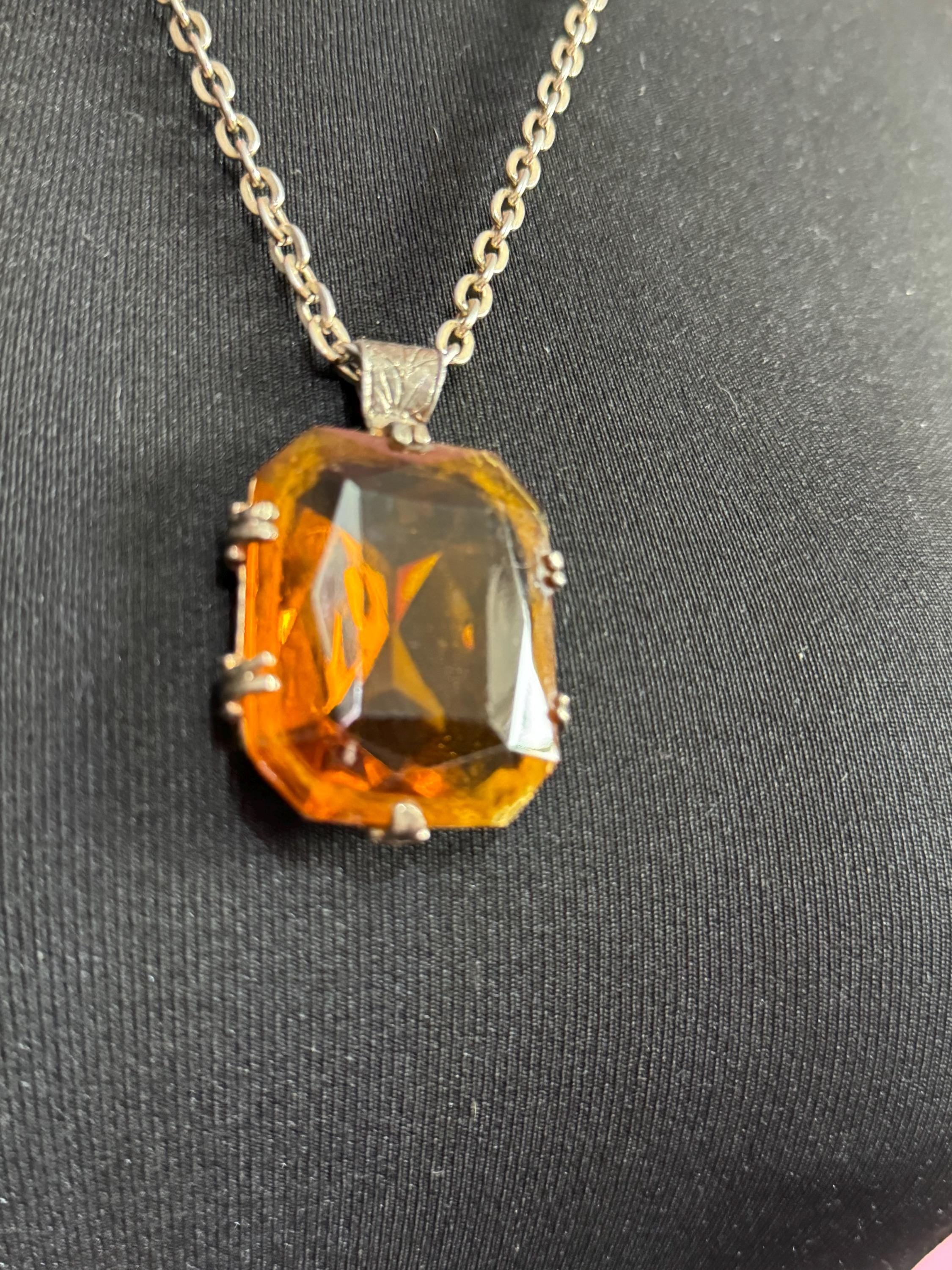 Scottish silver tone large rectangular orange faceted Glass pendant on 66cm lightweight aluminium chain Vintage