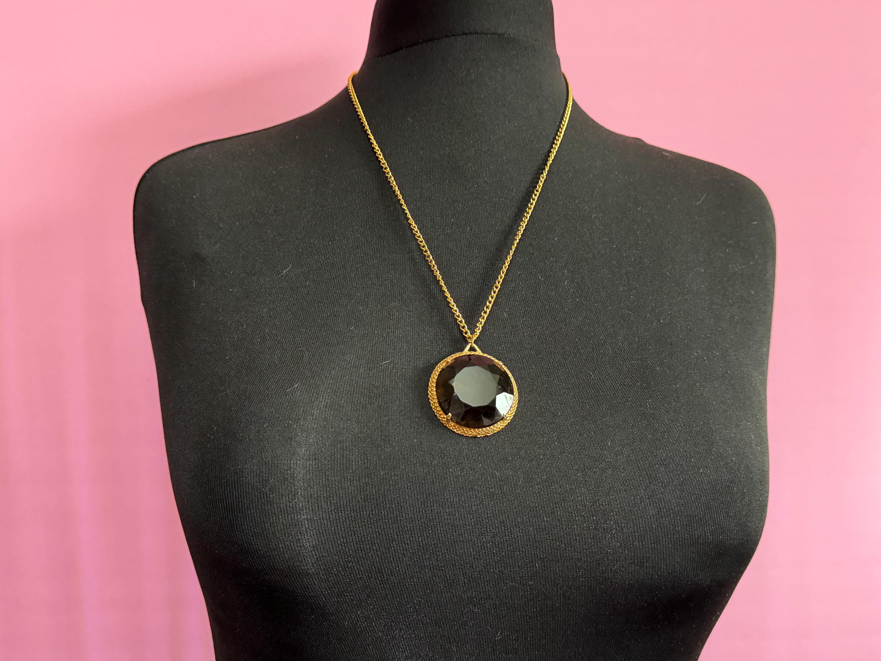 Vintage gold tone brown cognac glass chunky round pendant necklace 62cm