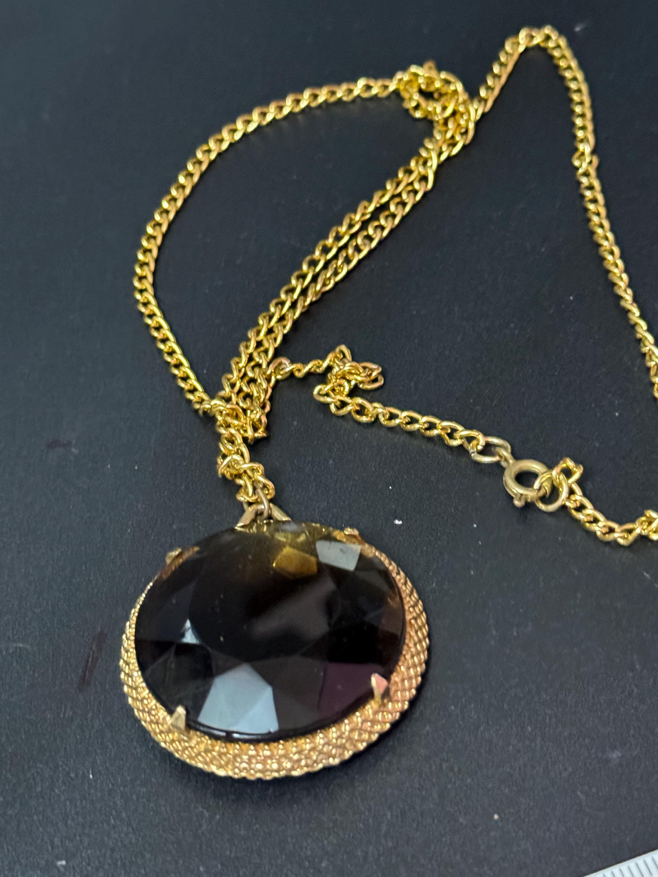 Vintage gold tone brown cognac glass chunky round pendant necklace 62cm