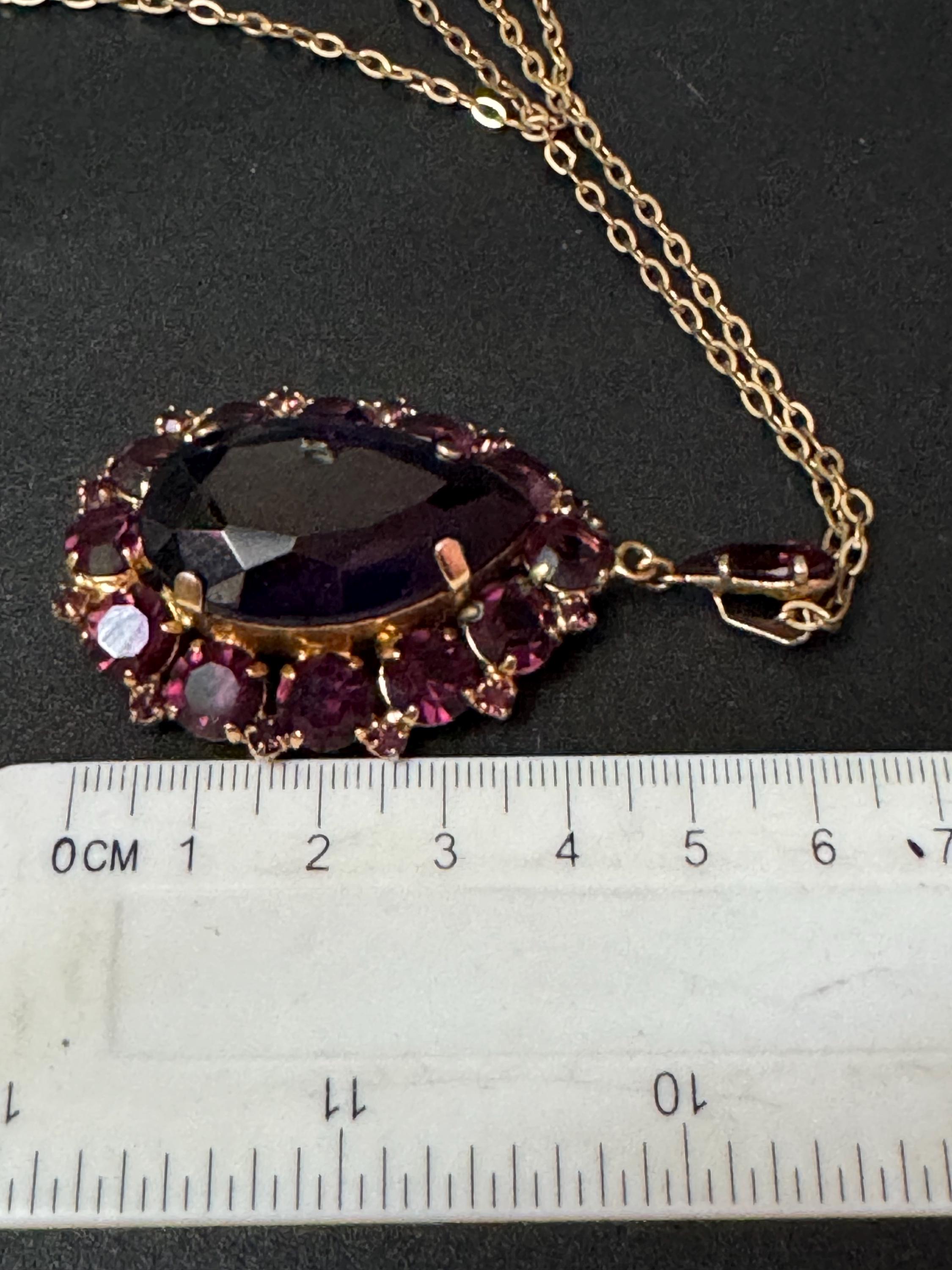 Vintage purple amethyst Glass gold tone metal rhinestone teardrop pendant on 60cm chain Necklace 1960s 1970s  modernist