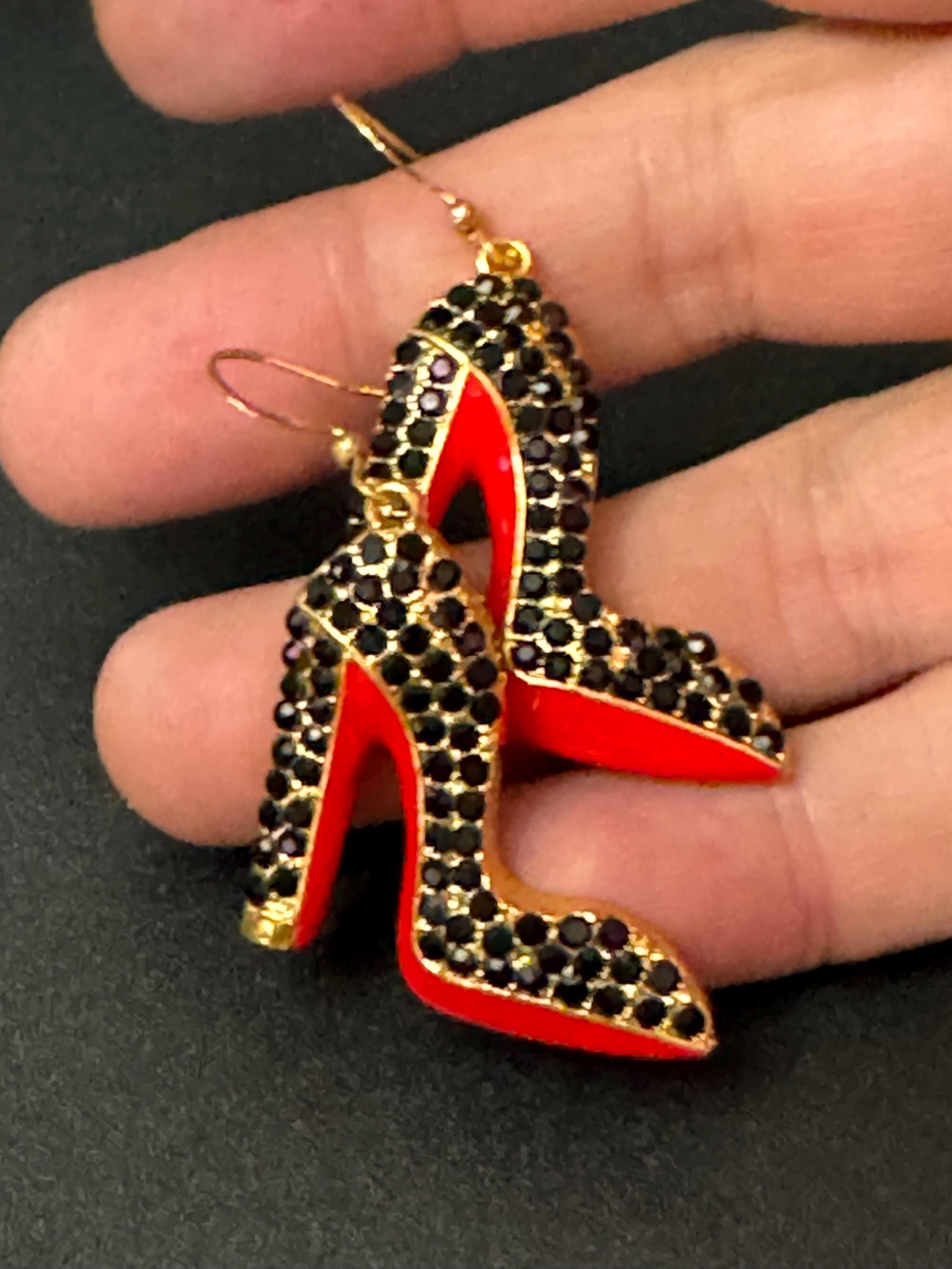 gold and enamel red soled black diamanté designer inspired stiletto high heel shoe drop earrings pair