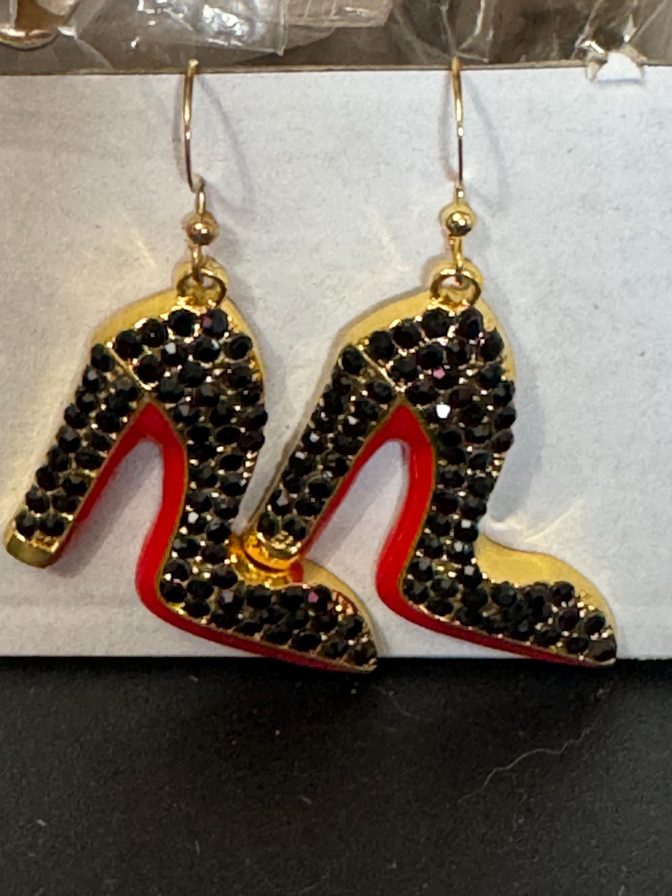 gold and enamel red soled black diamanté designer inspired stiletto high heel shoe drop earrings pair