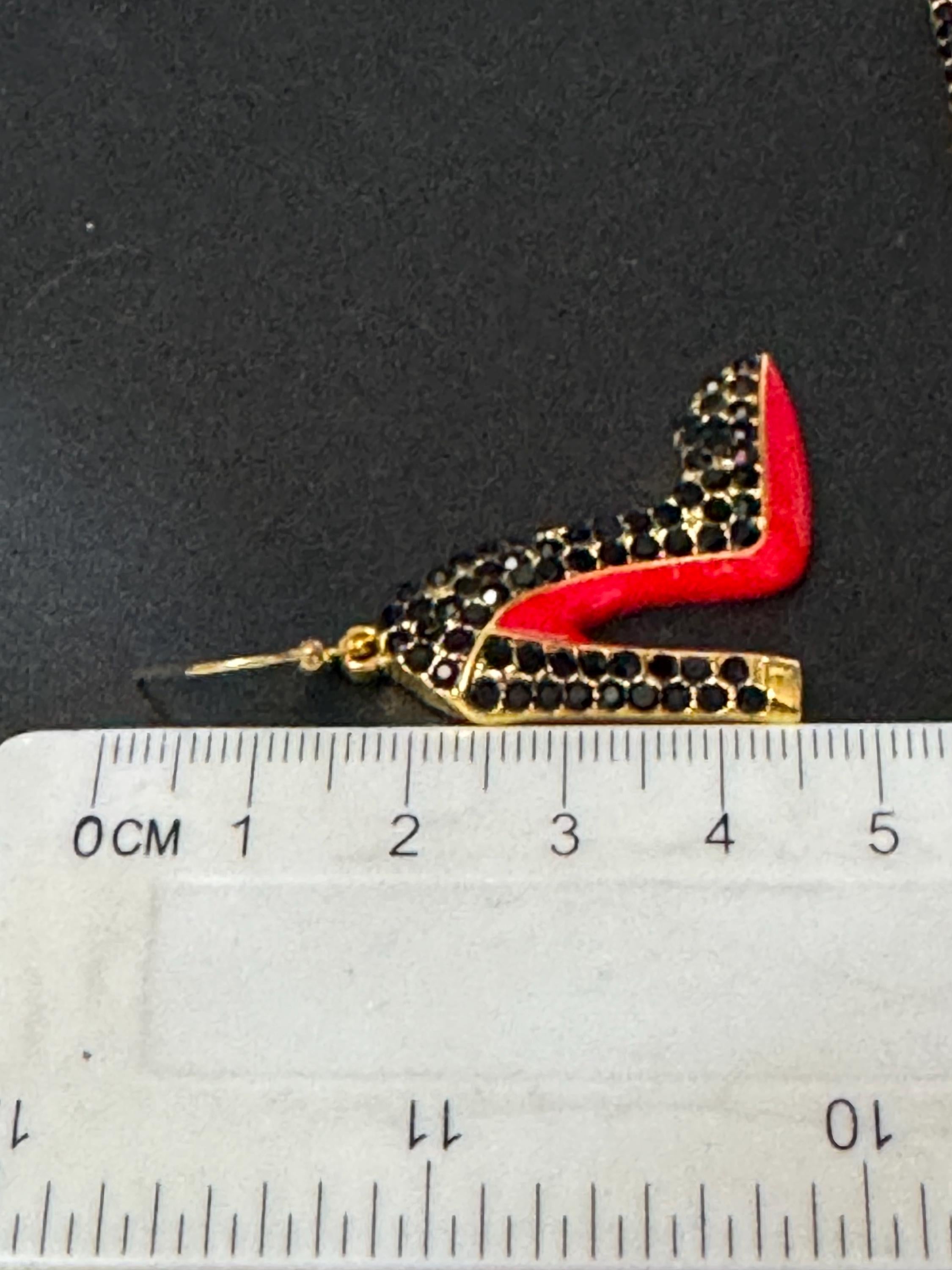 gold and enamel red soled black diamanté designer inspired stiletto high heel shoe drop earrings pair