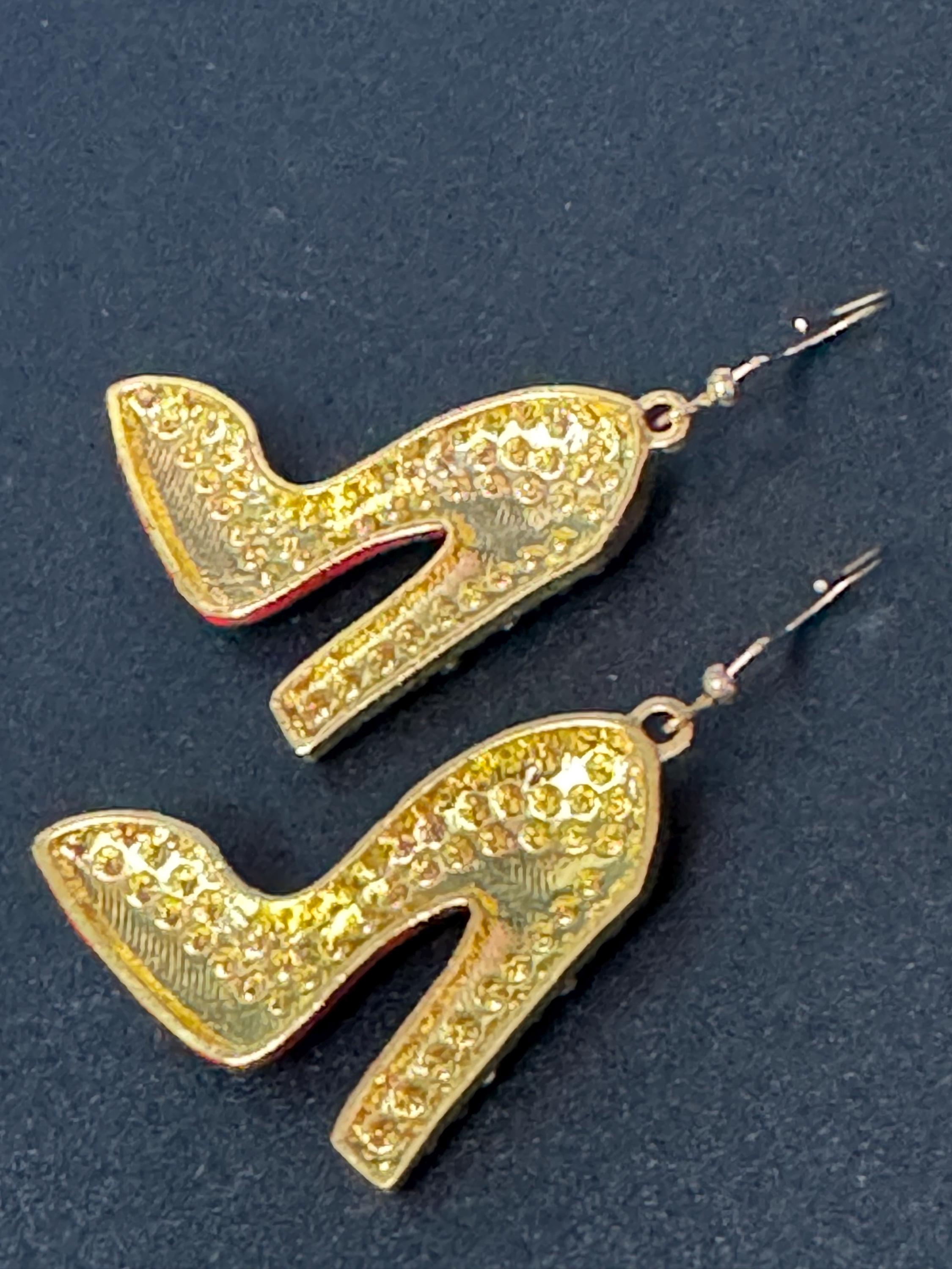 gold and enamel red soled black diamanté designer inspired stiletto high heel shoe drop earrings pair