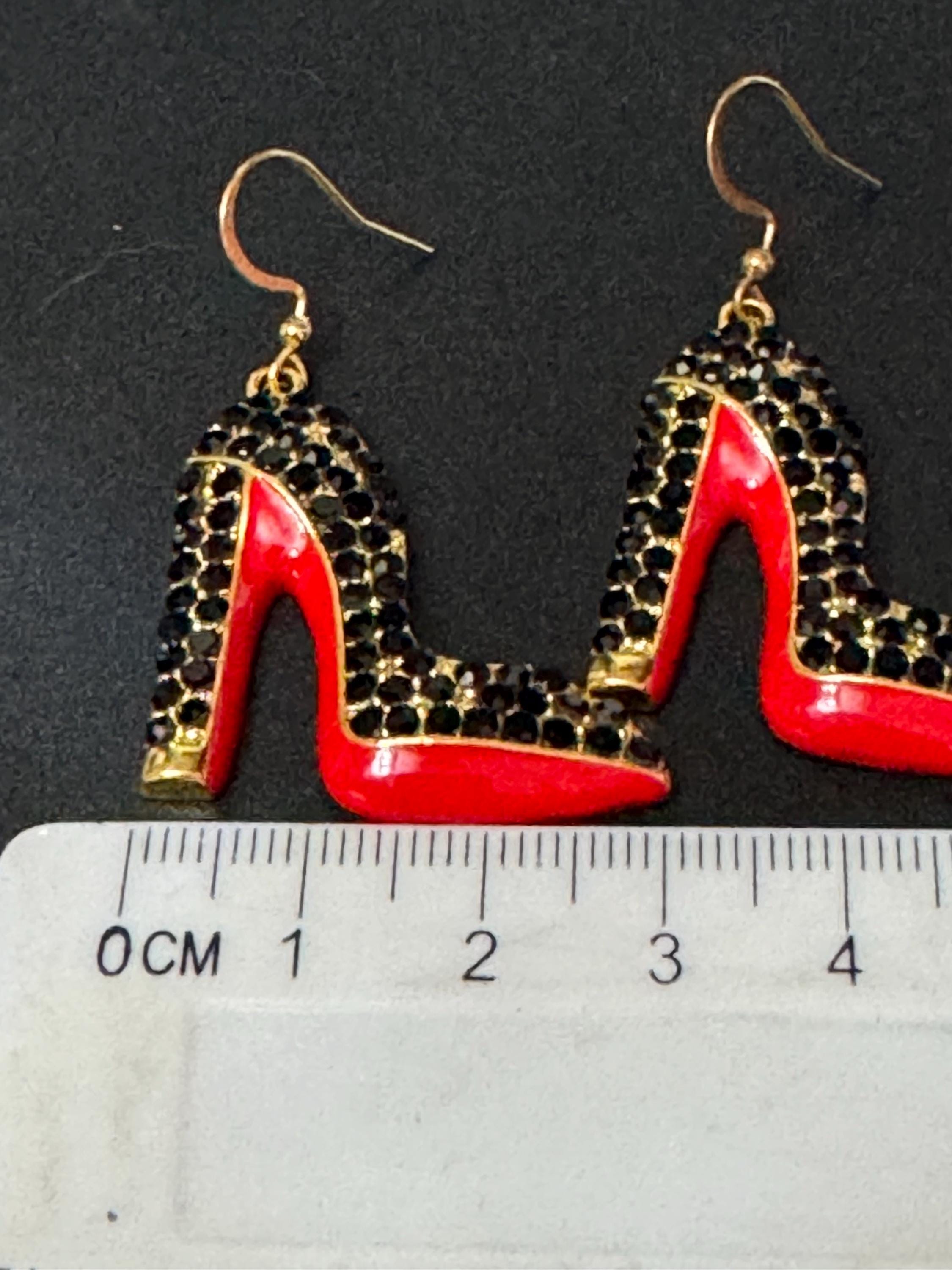 gold and enamel red soled black diamanté designer inspired stiletto high heel shoe drop earrings pair