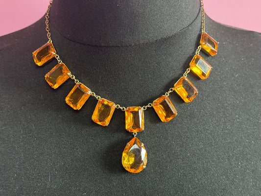 vintage orange citrine coloured glass chunky faceted crystal paste bezel open back crystal necklace gilt gold tone metal 44.5cm 17.5 inches