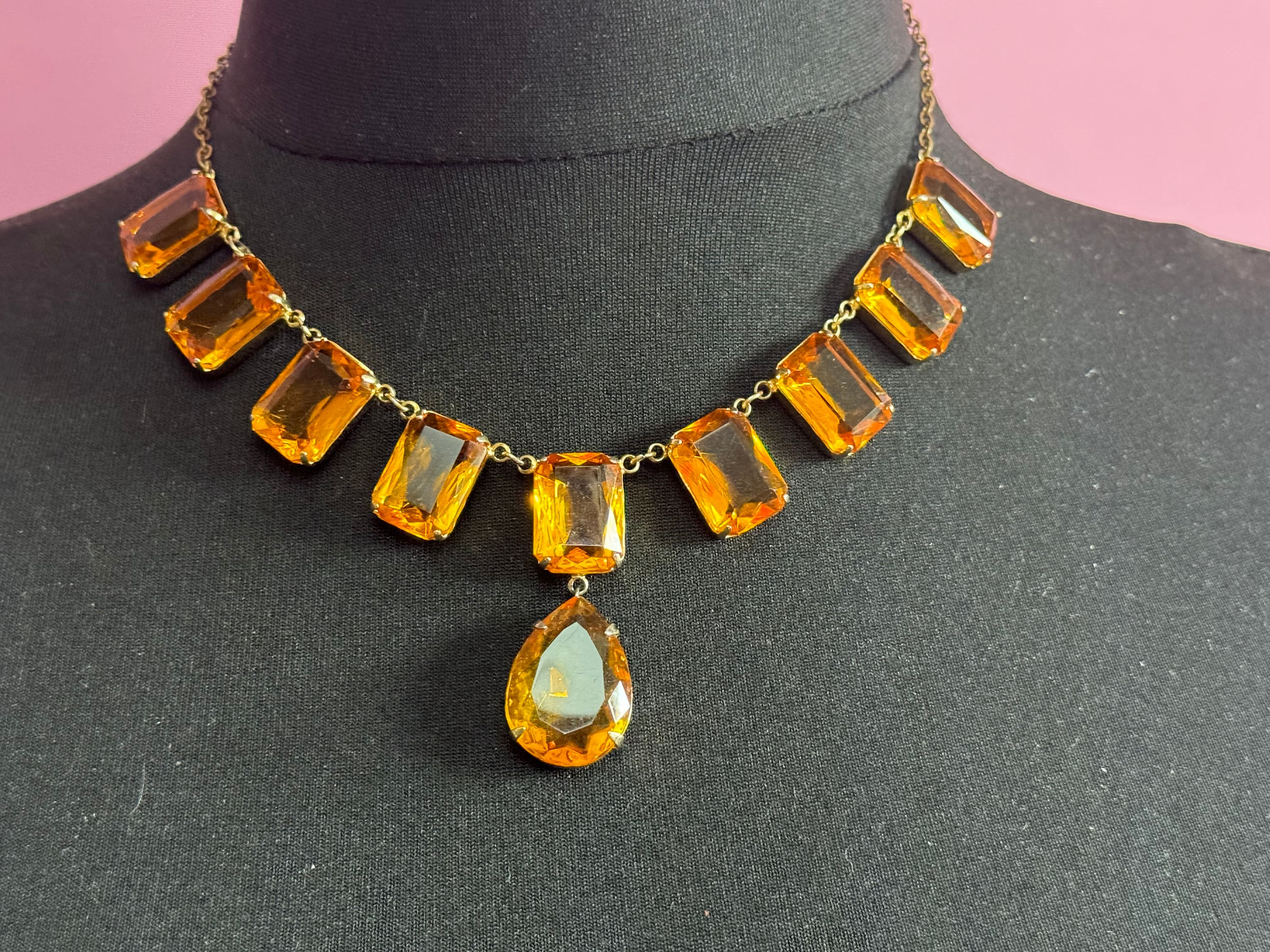 vintage orange citrine coloured glass chunky faceted crystal paste bezel open back crystal necklace gilt gold tone metal 44.5cm 17.5 inches