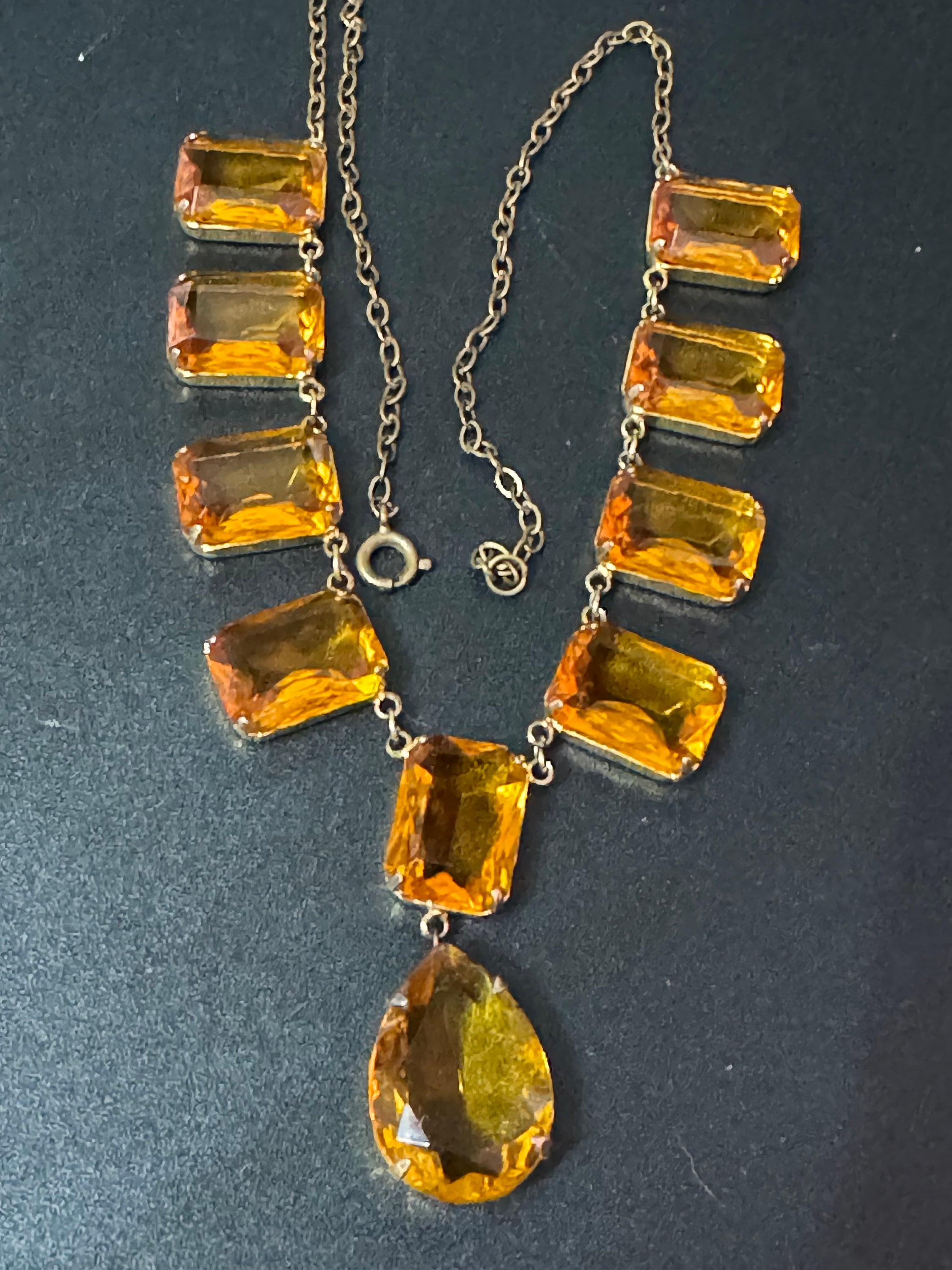 vintage orange citrine coloured glass chunky faceted crystal paste bezel open back crystal necklace gilt gold tone metal 44.5cm 17.5 inches