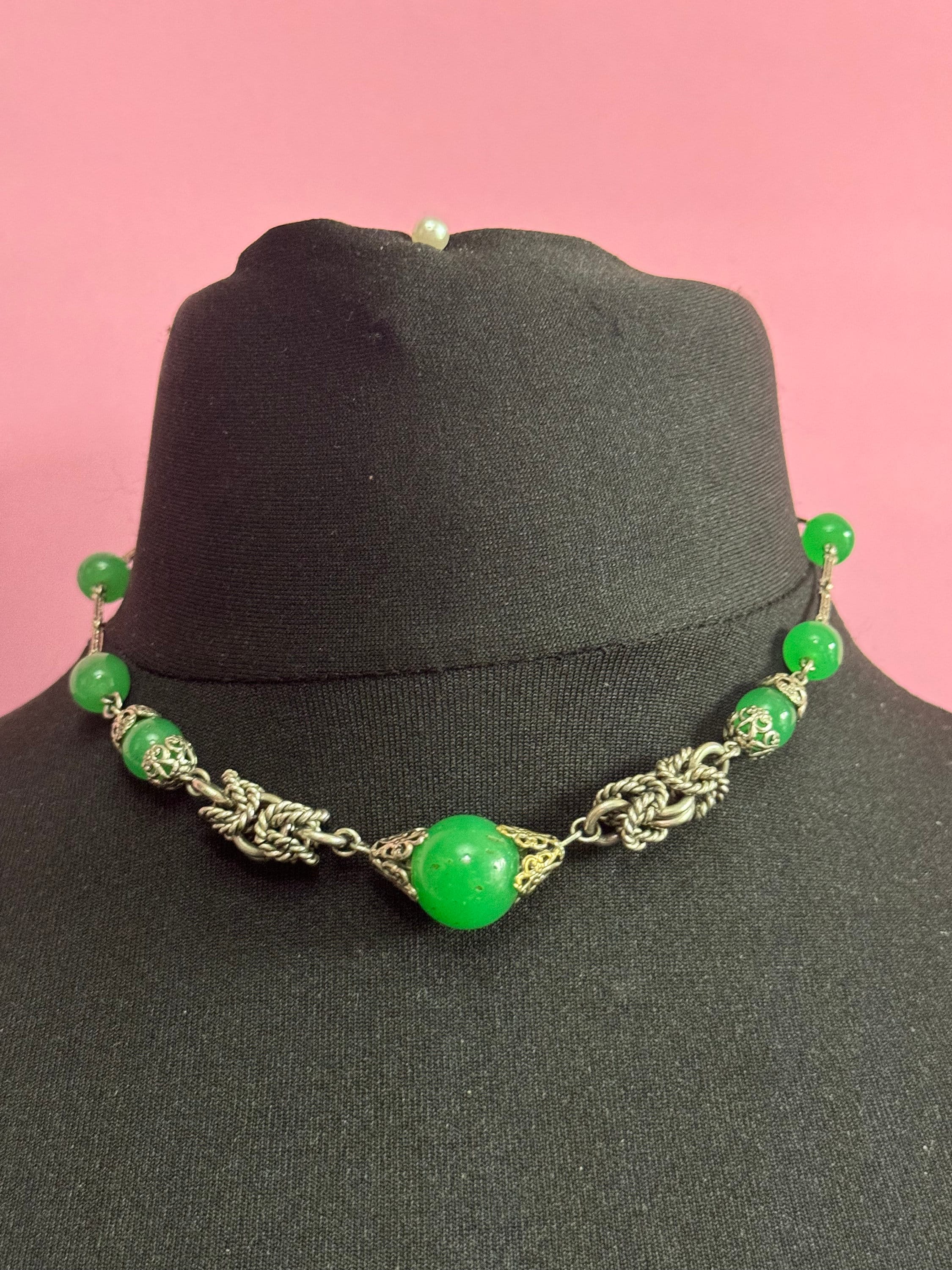 UV Reactive Art Deco czech silver tone rope twist metal filigree choker necklace uranium chrysoprase beads 43cm