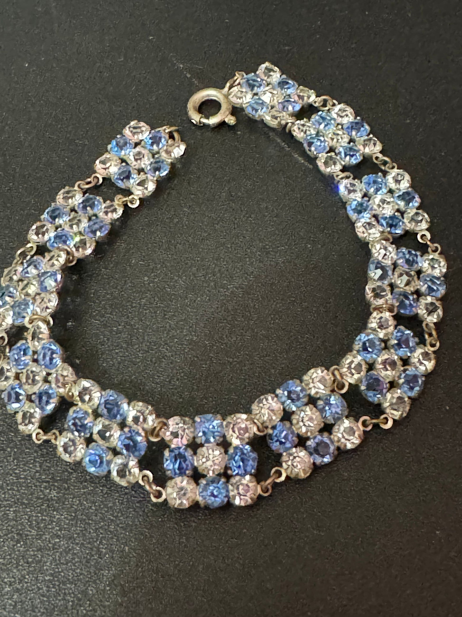 Antique vintage silver tone open back clear and sapphire blue crystal square panel chain link Art Deco Edwardian bracelet