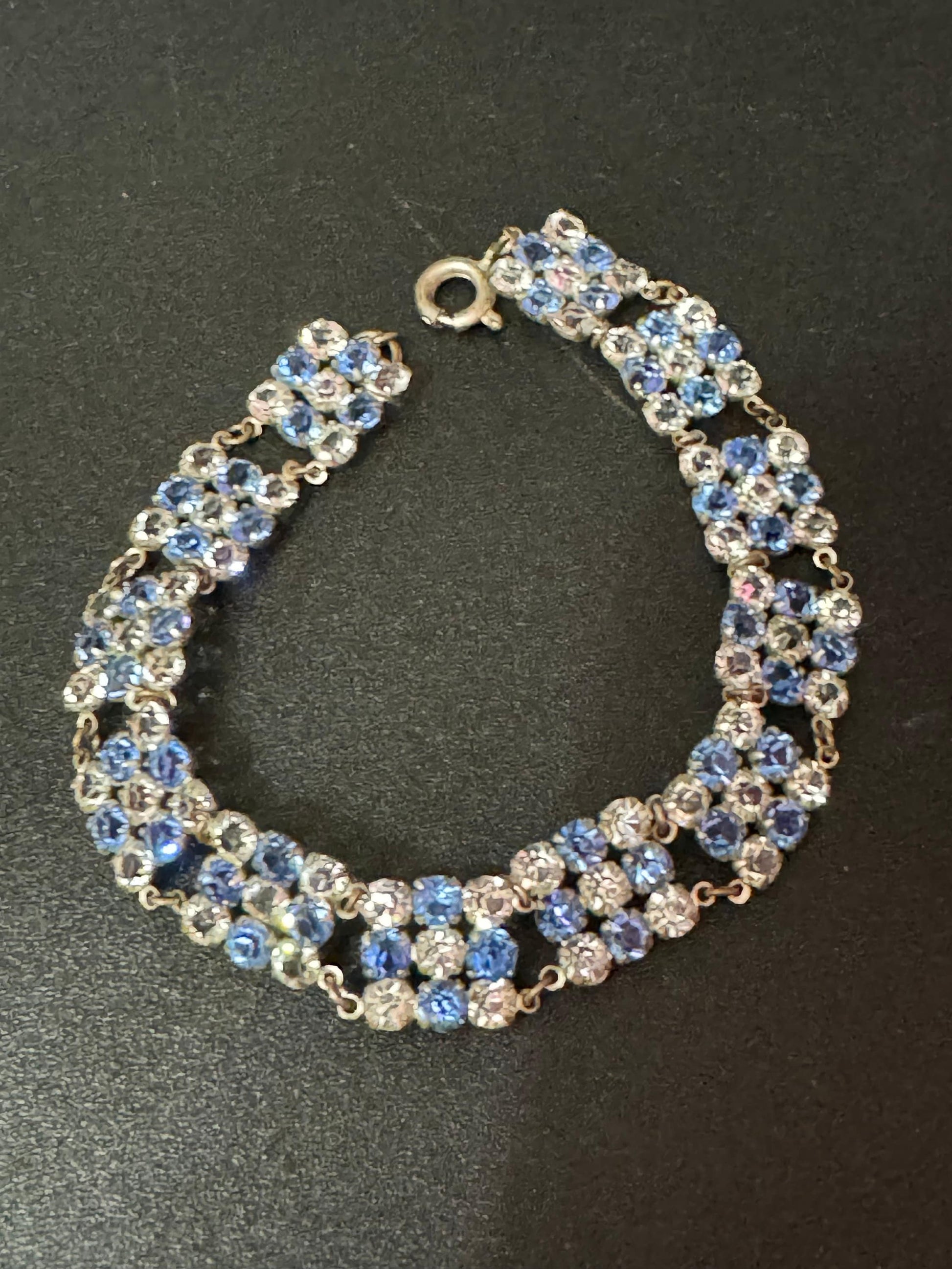 Antique vintage silver tone open back clear and sapphire blue crystal square panel chain link Art Deco Edwardian bracelet