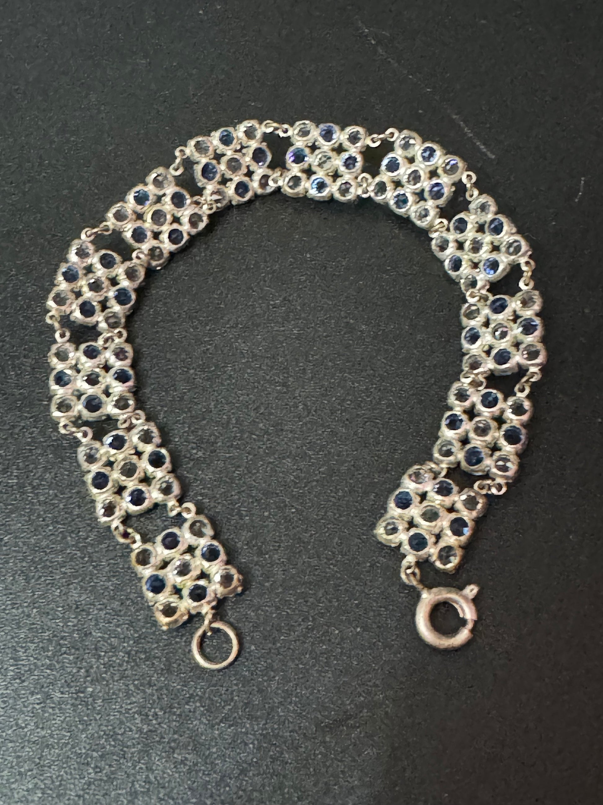 Antique vintage silver tone open back clear and sapphire blue crystal square panel chain link Art Deco Edwardian bracelet