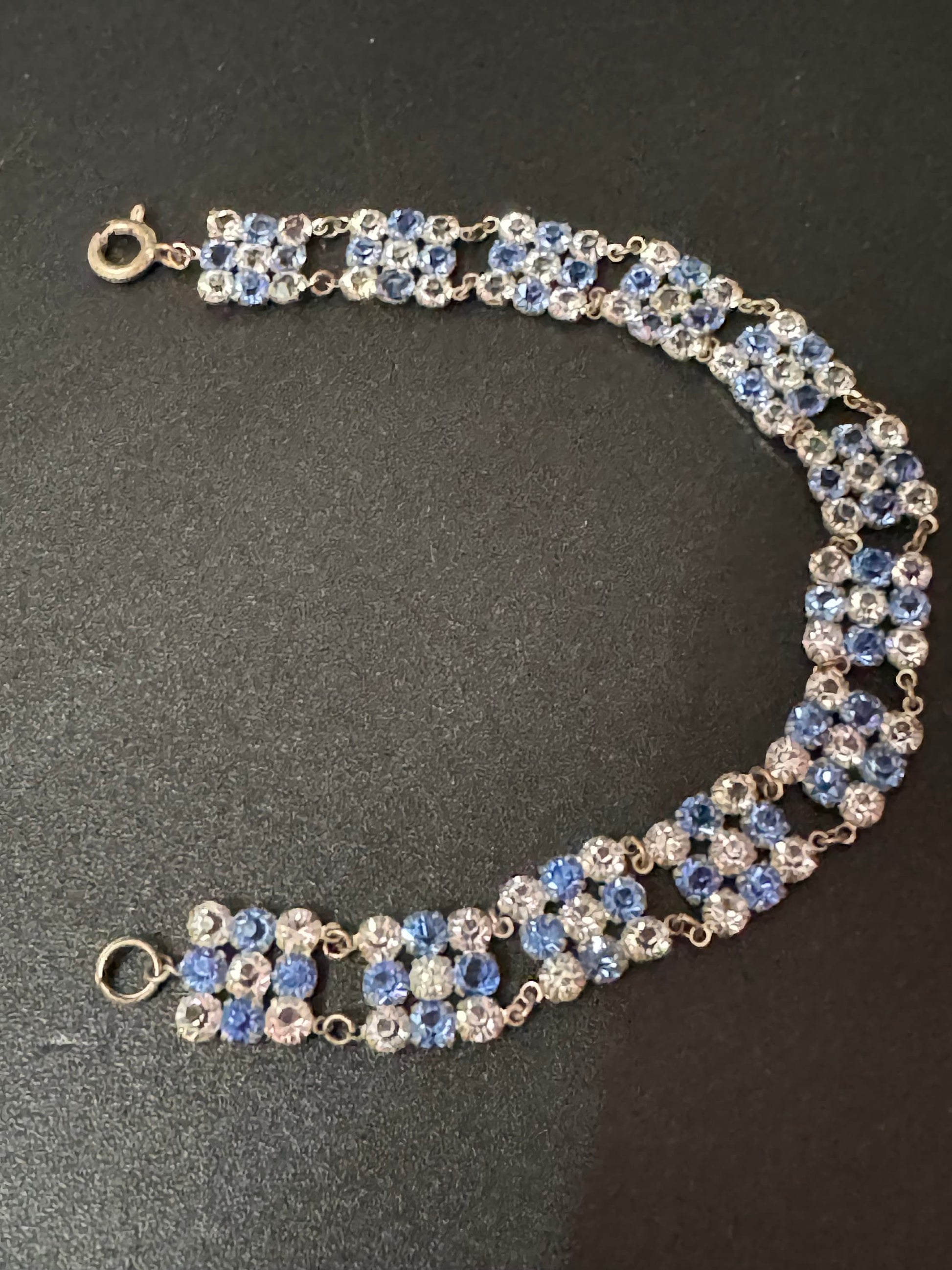 Antique vintage silver tone open back clear and sapphire blue crystal square panel chain link Art Deco Edwardian bracelet