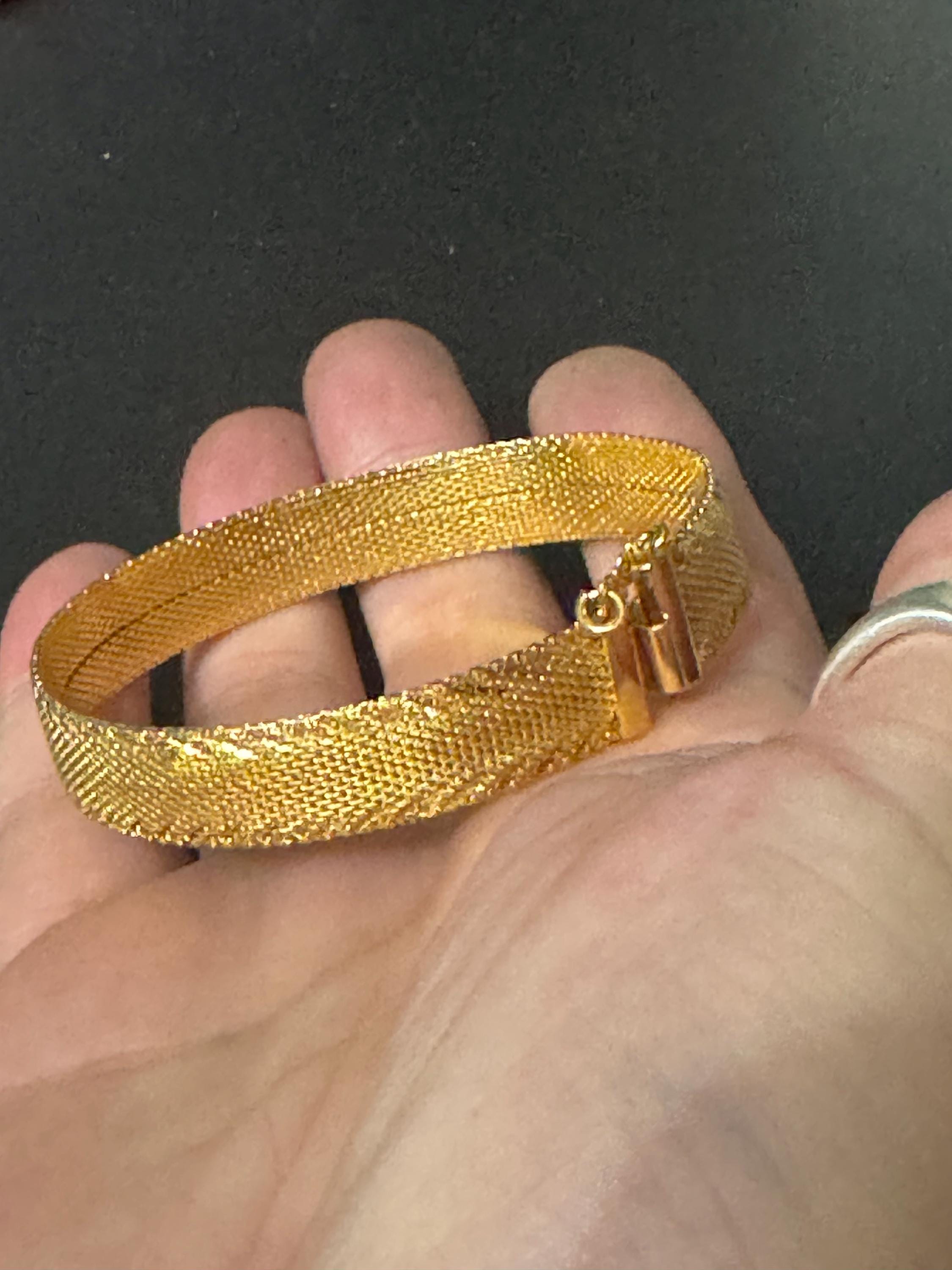 True Vintage pristine gold plated wide mesh flat link bangle bracelet 18.5 x 12mm old shop stock