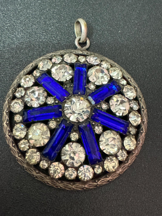 Antique cobalt blue baguette crystal and clear diamanté pendant stamped gilt silver tone 3.5cm