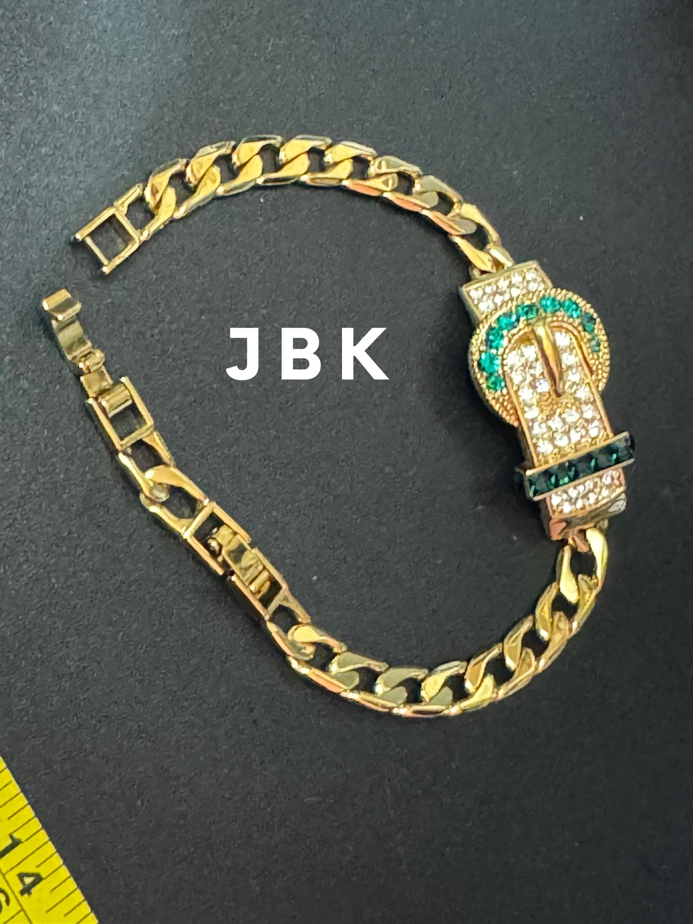 camrose and Kross signed JBK Jaqueline Kennedy vintage gold tone emerald green diamanté belt buckle chain bracelet