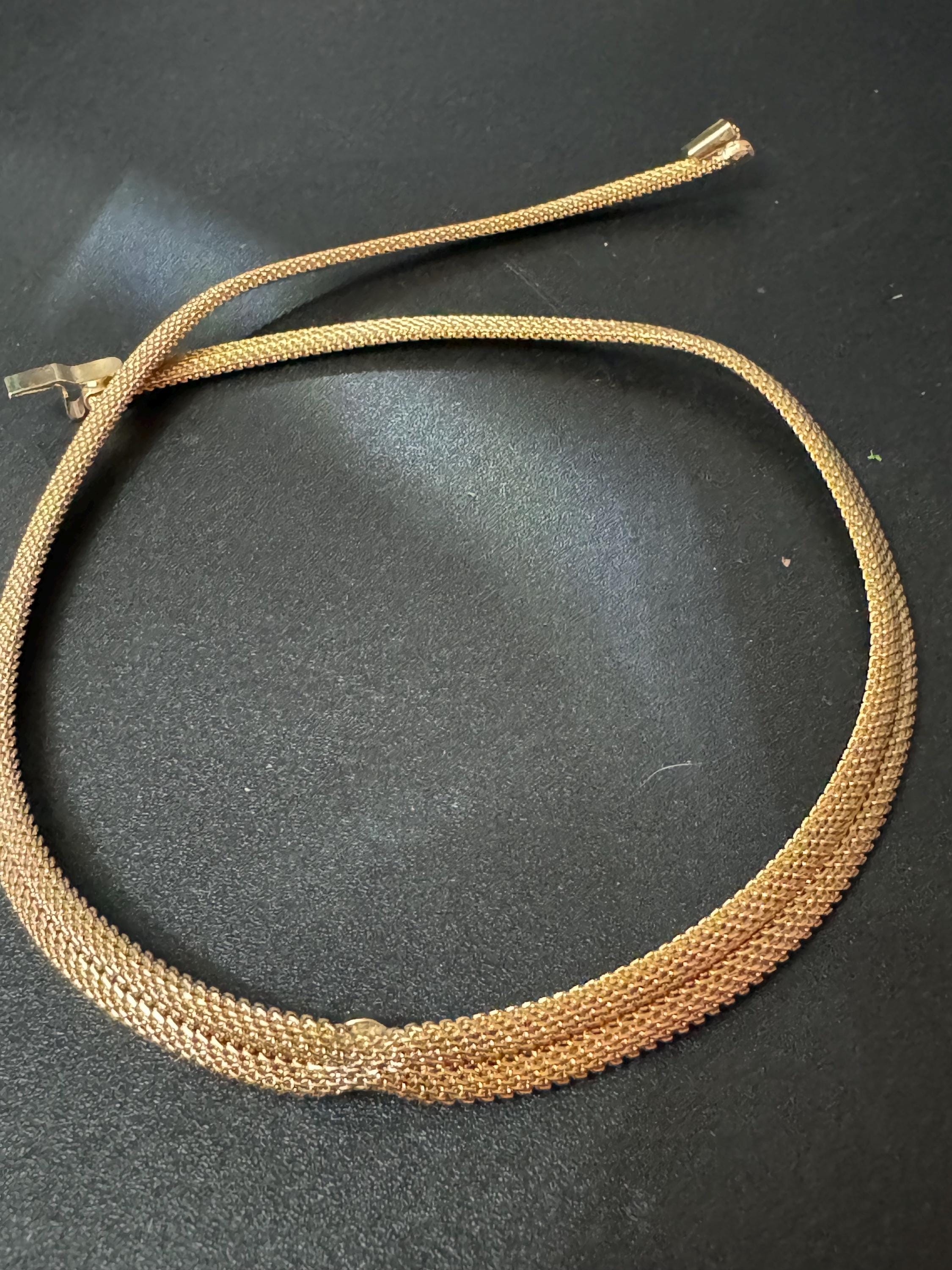 Vintage 1980s Gold plated modernist mesh and single clear diamanté choker necklace 41.5cm