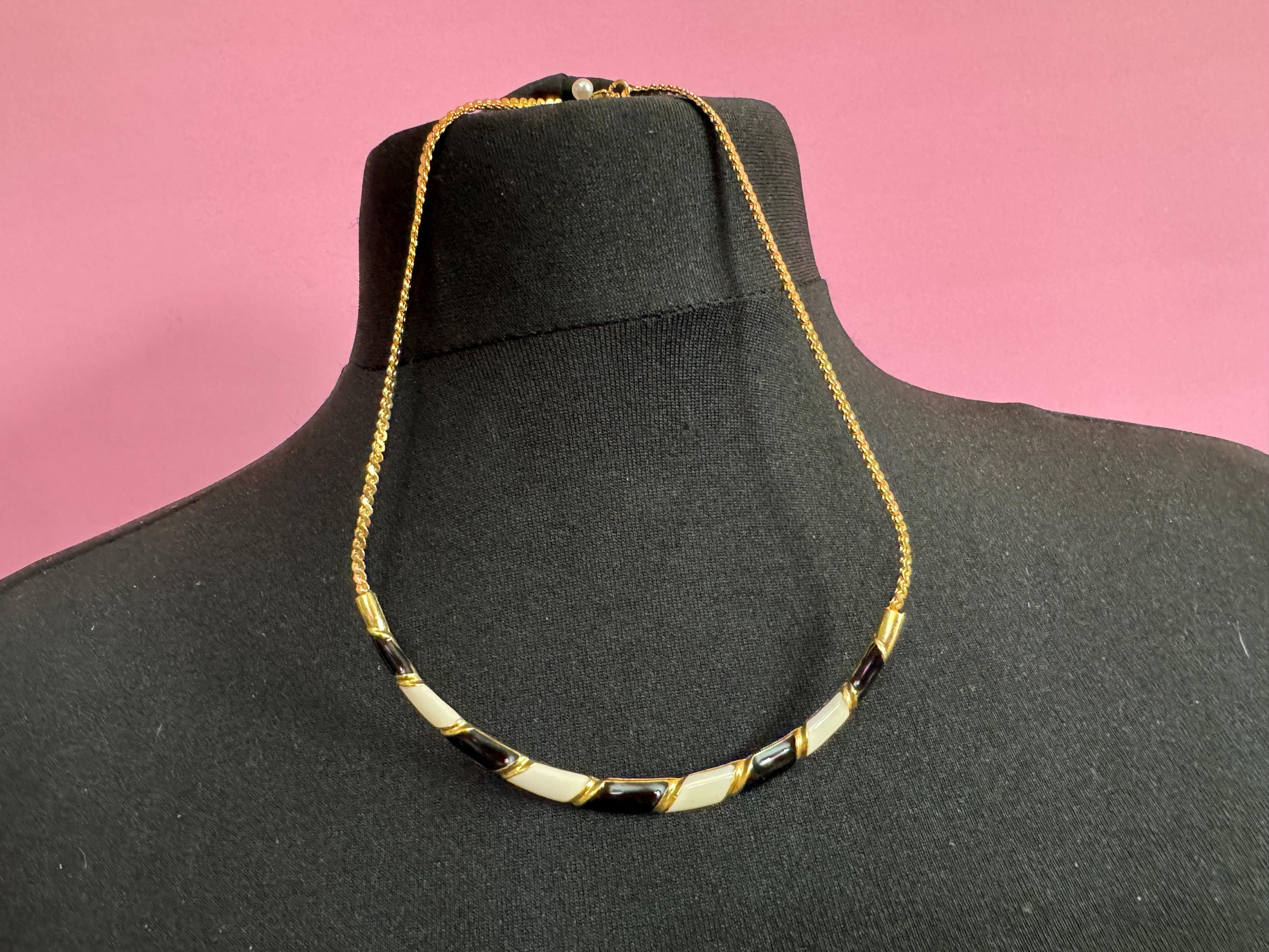 Petite slim neck Vintage gold tone black and cream enamel choker necklace 38.5cm serpentine chain