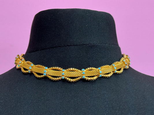 necklace with turquoise glass paste stones Vintage 1960s gold tone wide choker 38 to 45cm