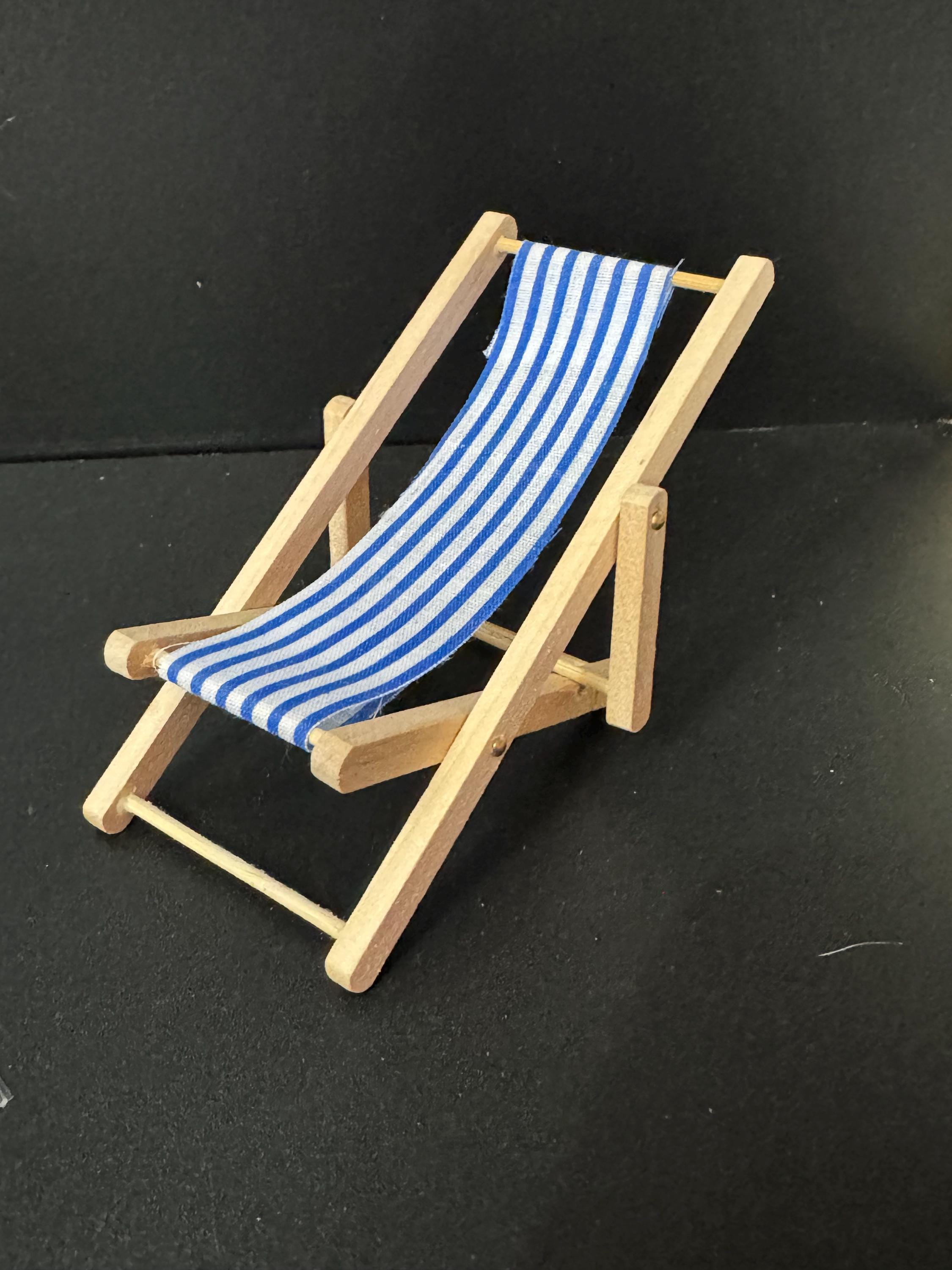 miniature wooden blue and white beach striped folding deckchair seaside cake topper decoration nautical