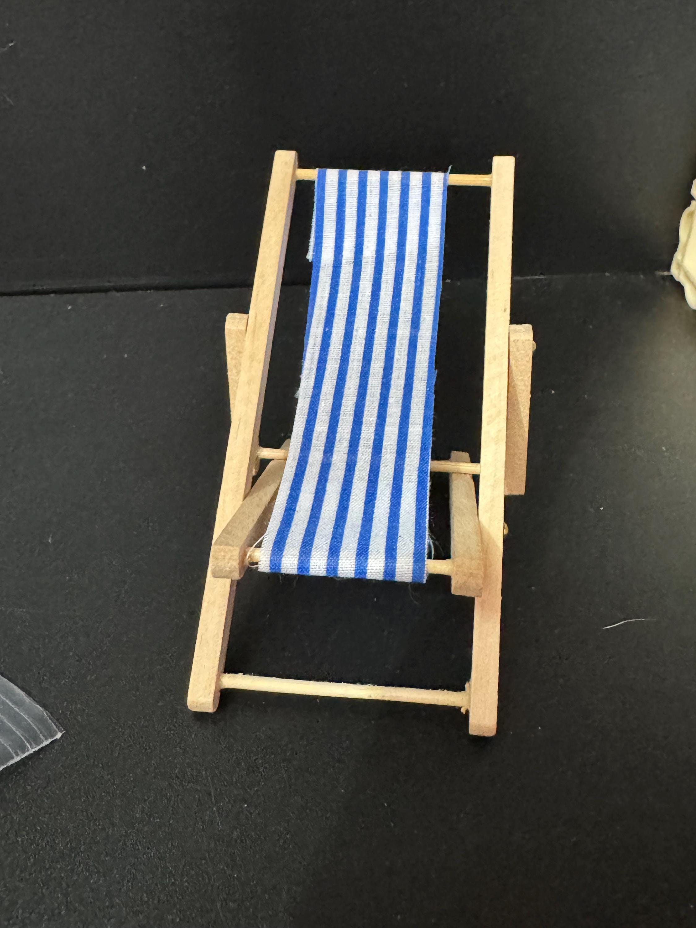 miniature wooden blue and white beach striped folding deckchair seaside cake topper decoration nautical