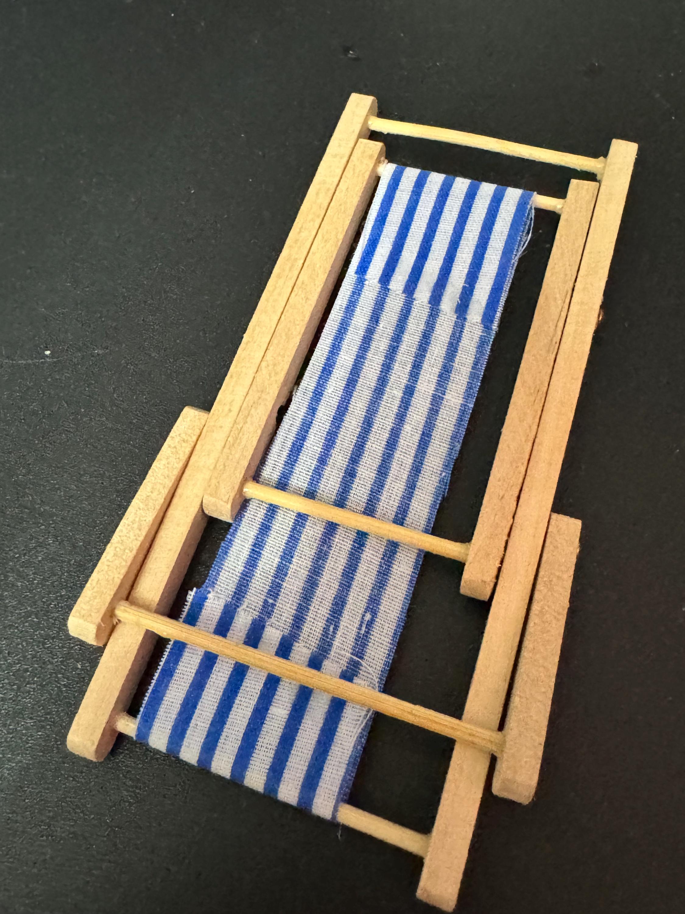 miniature wooden blue and white beach striped folding deckchair seaside cake topper decoration nautical