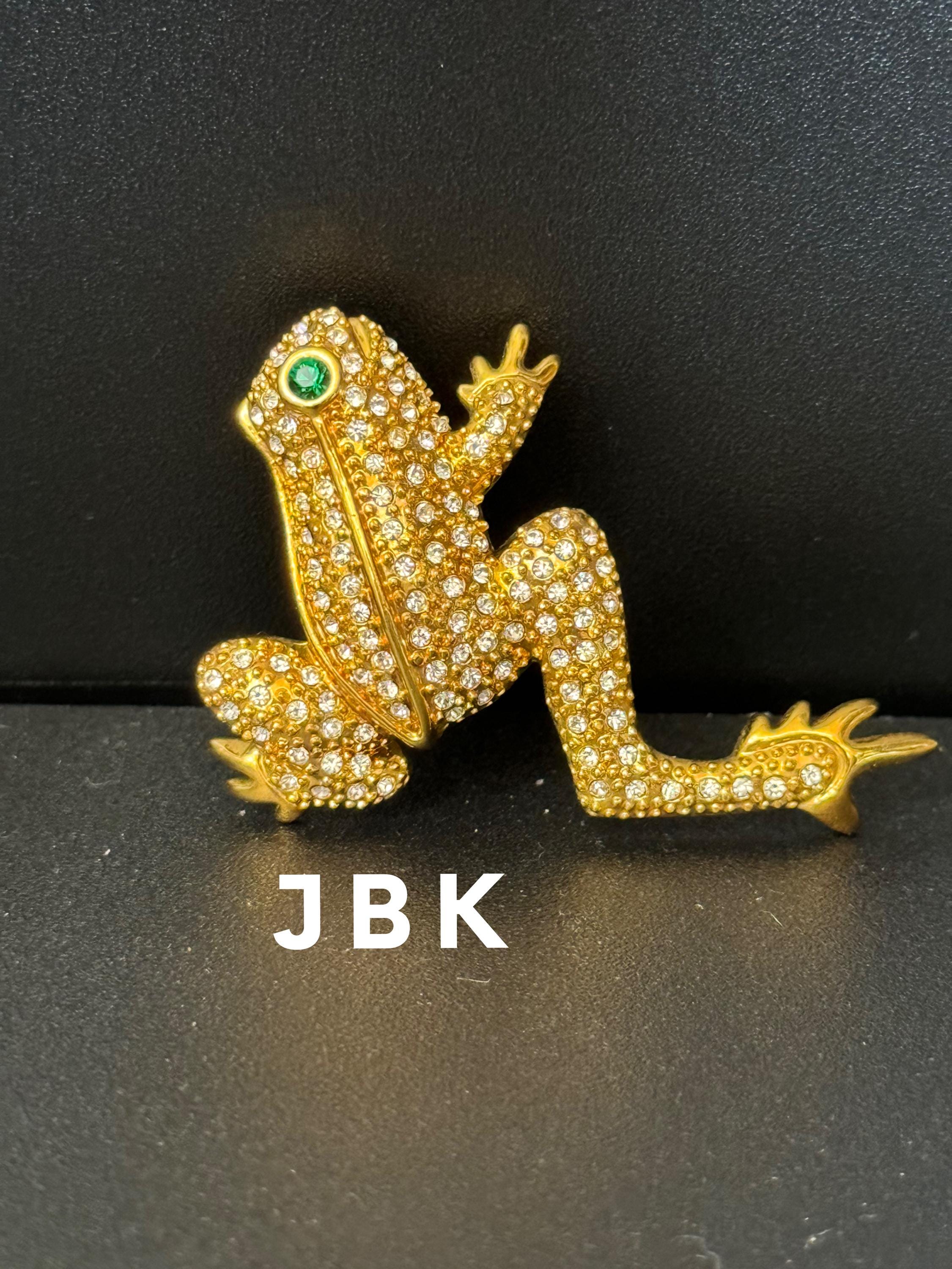 Signed JBK Camrose & Kross Jacqueline Kennedy gold tone novelty diamanté frog JBK brooch 1980s