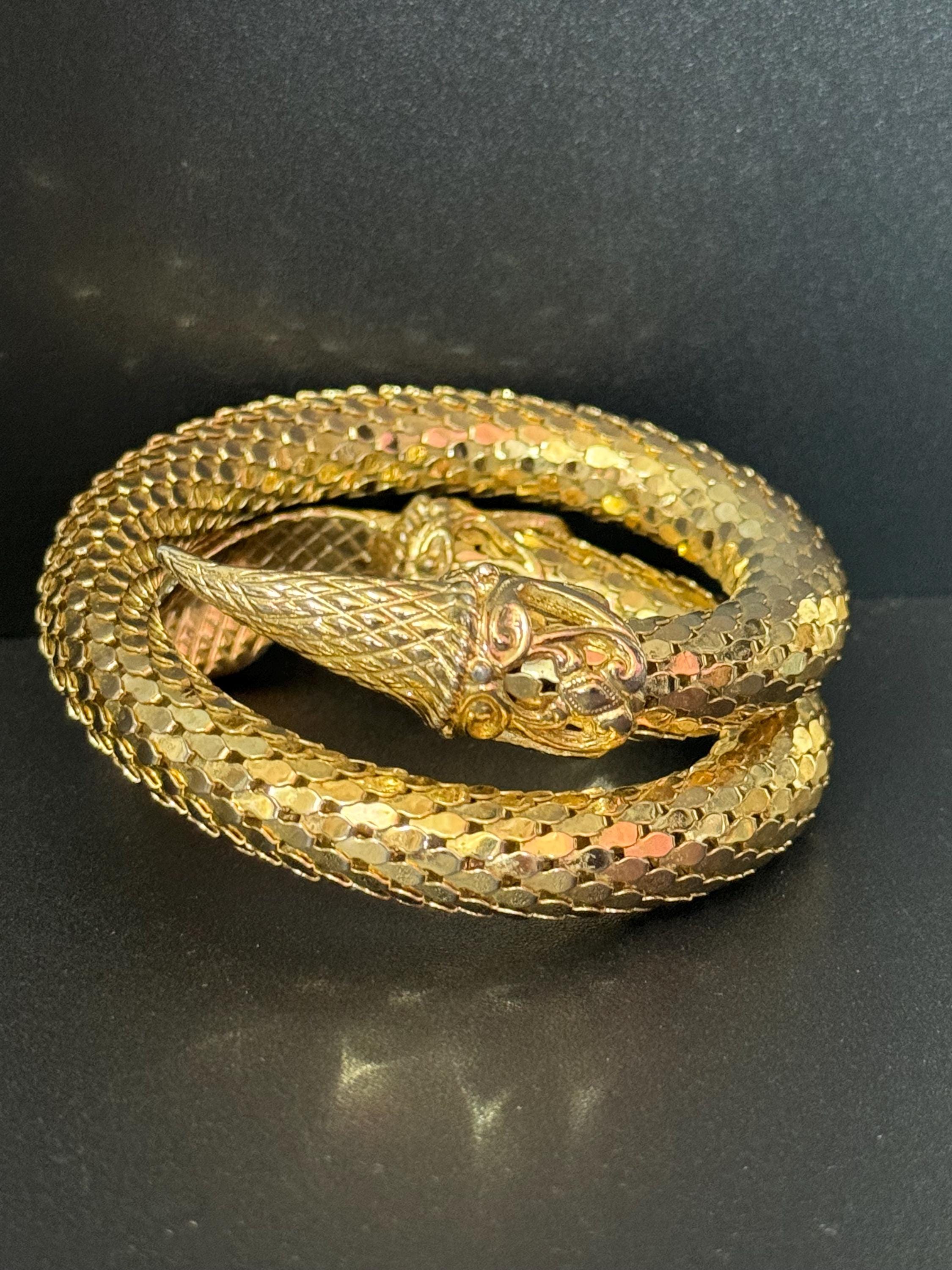 Whiting and Davis Vintage gold tone mesh snake Bangle clamper wrap bracelet signed