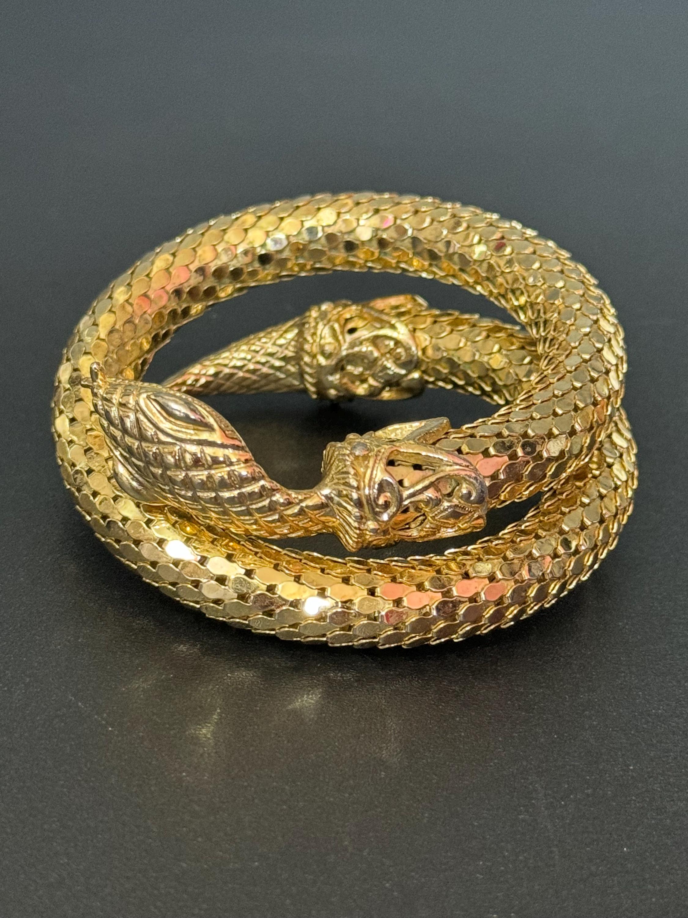 Whiting and Davis Vintage gold tone mesh snake Bangle clamper wrap bracelet signed