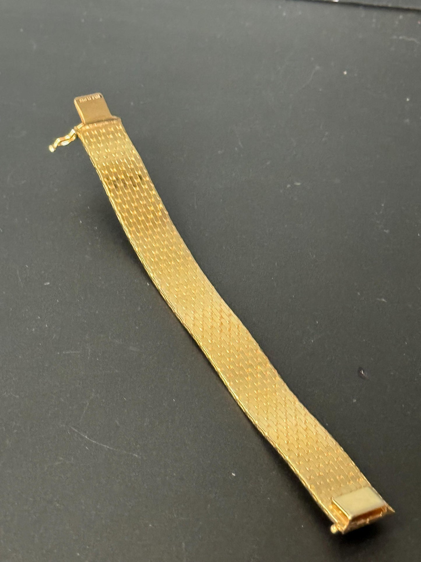 1970s stamped gold plated flat articulated cuff bracelet 18.5cm x 15mm wide