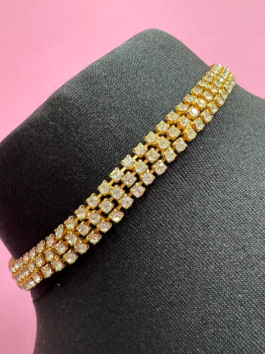 Petite fit 38cm rhinestone clear paste necklace gold tone 1cm wide choker retro diamanté