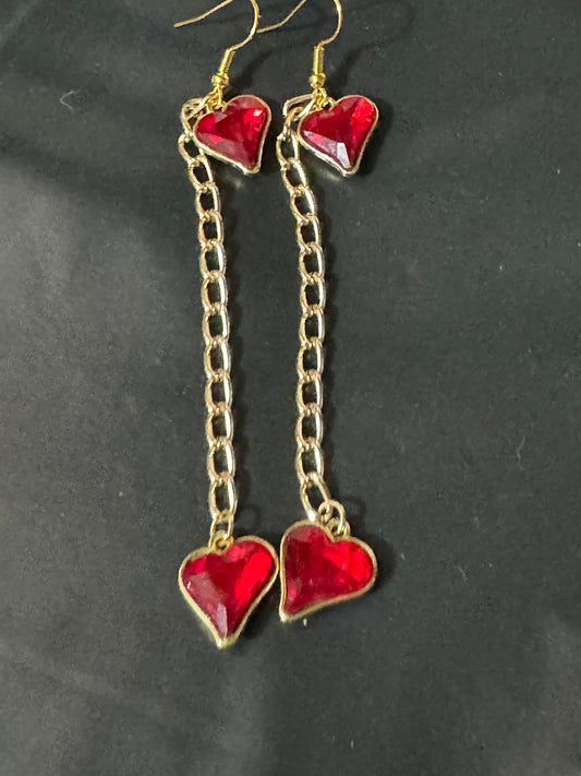 Shoulder grazer 18k gold plated bright red valentines love heart crystal diamanté ornate clover long 10.5cm drop charm earrings