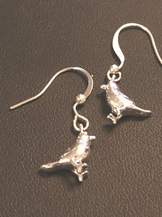 small silver plated garden bird sparrow earrings for pierced ears