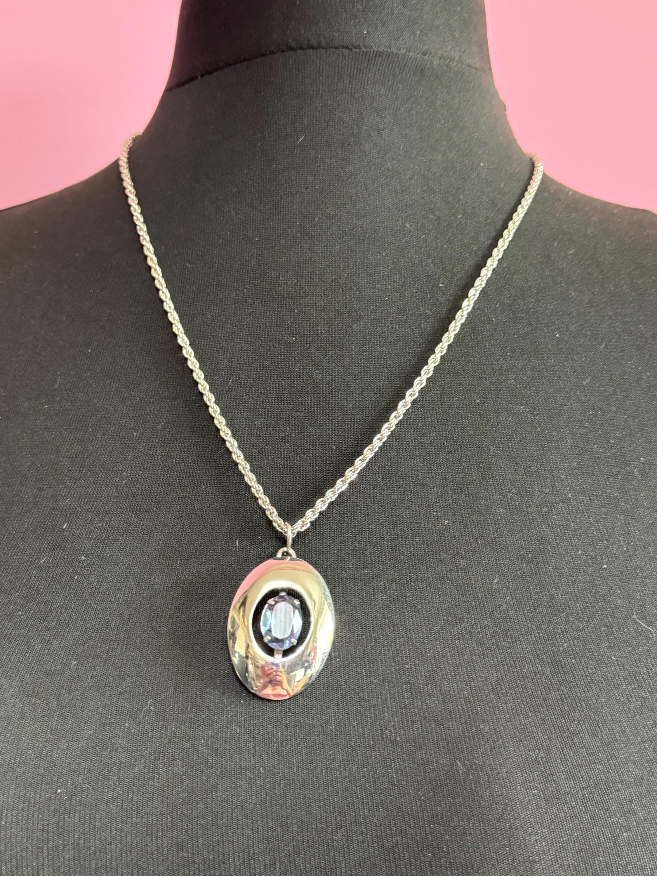 Vintage Modernist silver tone stainless Steel pendant necklace with central amethyst purple rhinestone Mid Century 1960s 1970s