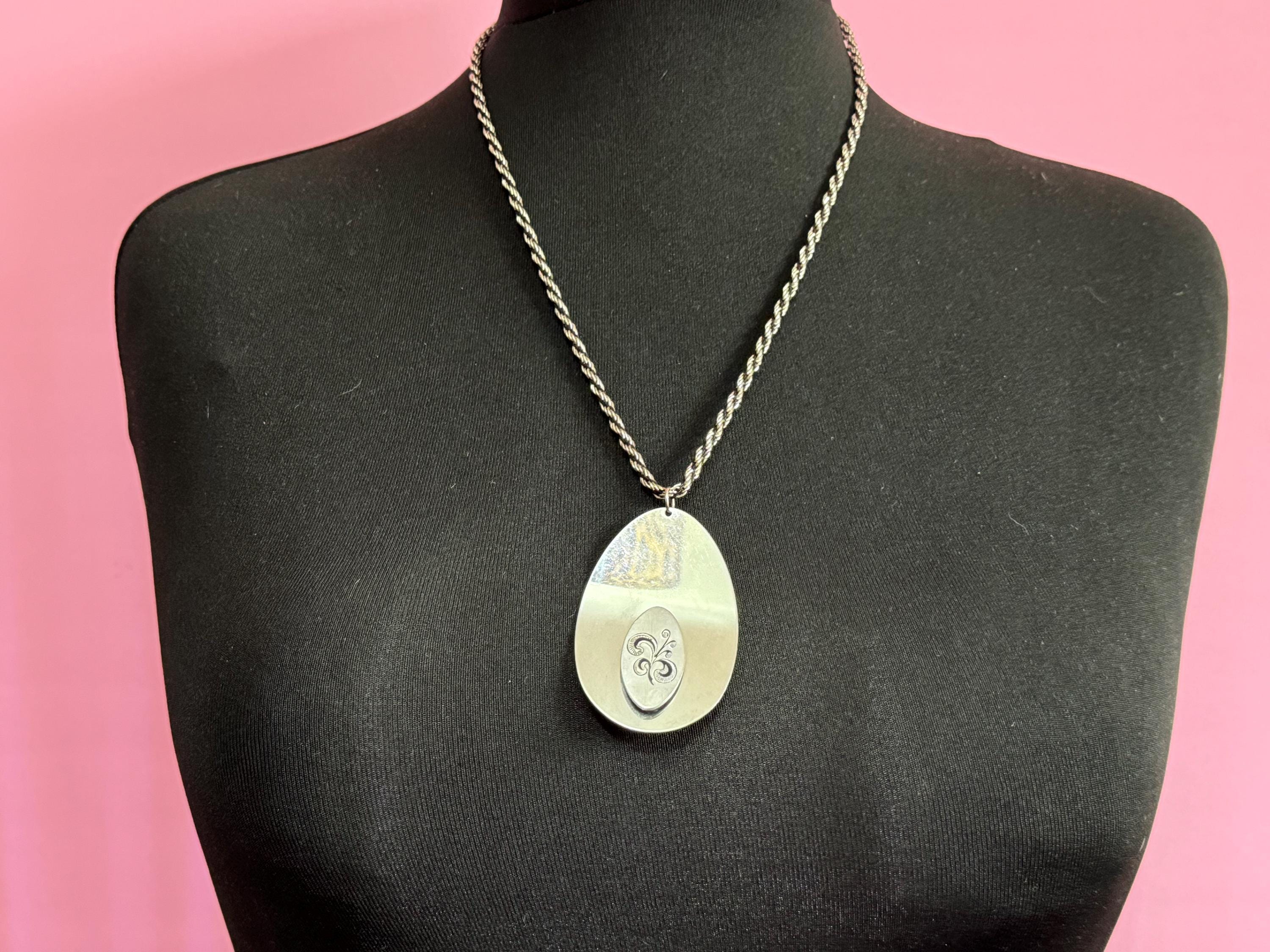 Vintage Modernist oversized black etched silver tone stainless Steel medallion pendant necklace Mid Century 1960s 1970s