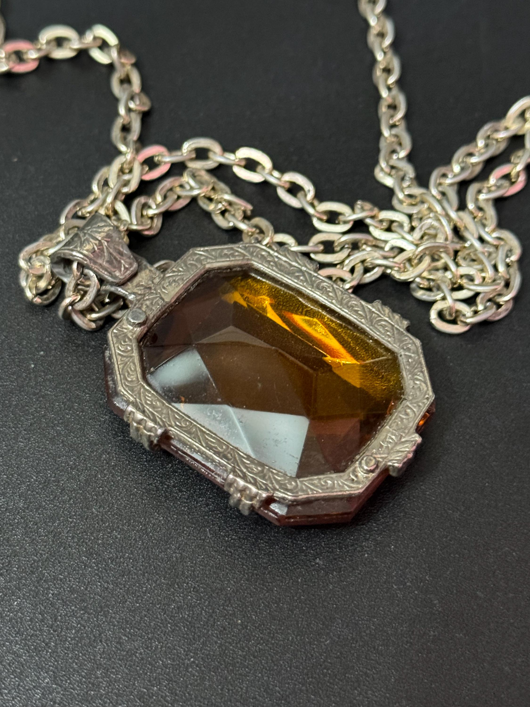 Scottish silver tone large rectangular orange faceted Glass pendant on 66cm lightweight aluminium chain Vintage