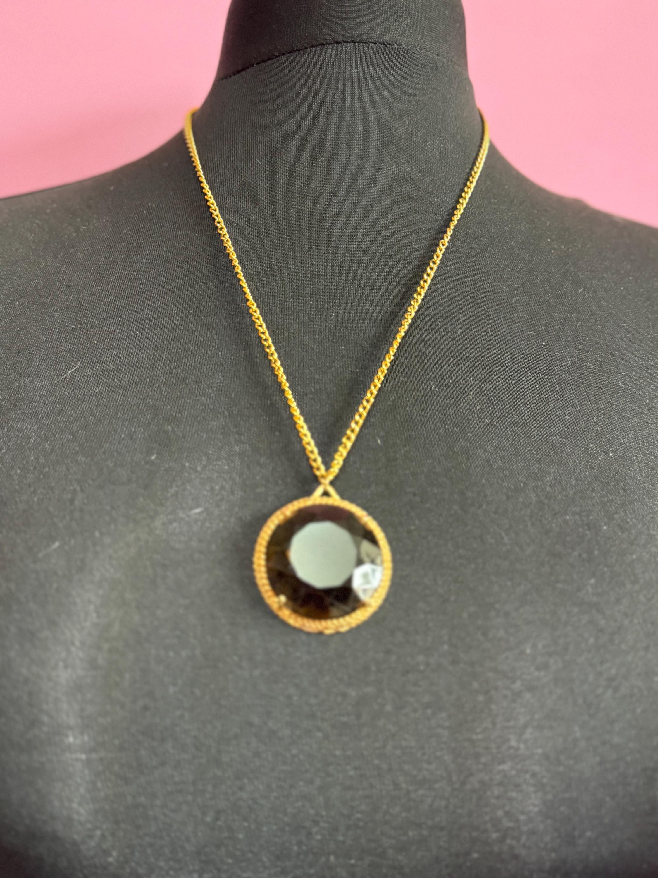 Vintage gold tone brown cognac glass chunky round pendant necklace 62cm