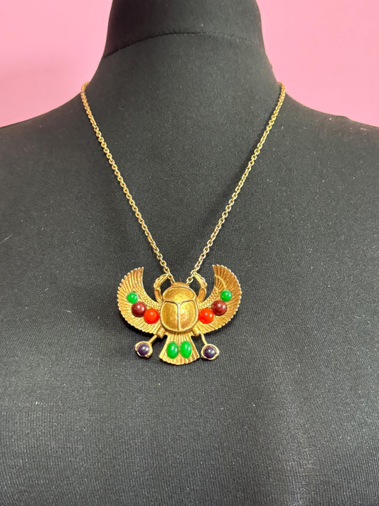 Art Deco Tutankhamen Egyptian Revival Winged gold tone enamel scarab combination brooch and pendant Necklace signed mid century