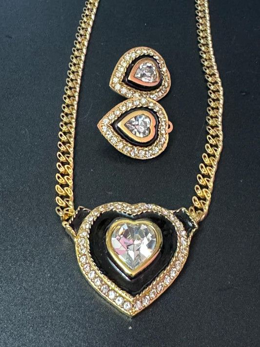 40cm Vintage black clear genuine Swarovski crystal love heart gold tone necklace and oversized clip on earrings jewellery set