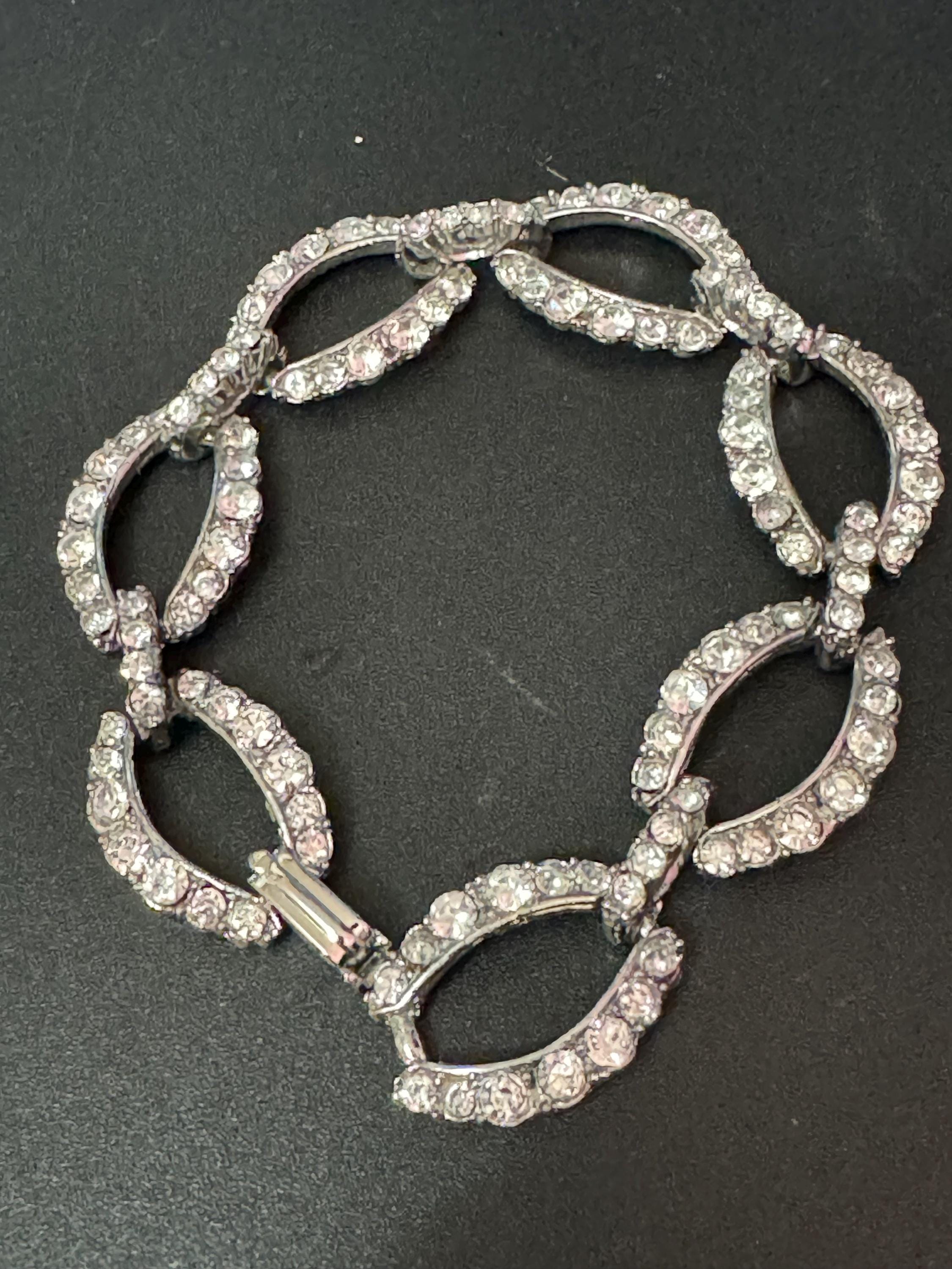 Vintage silver tone clear diamanté rhinestone wide choker necklace bracelet and long drop clip on earring matching set