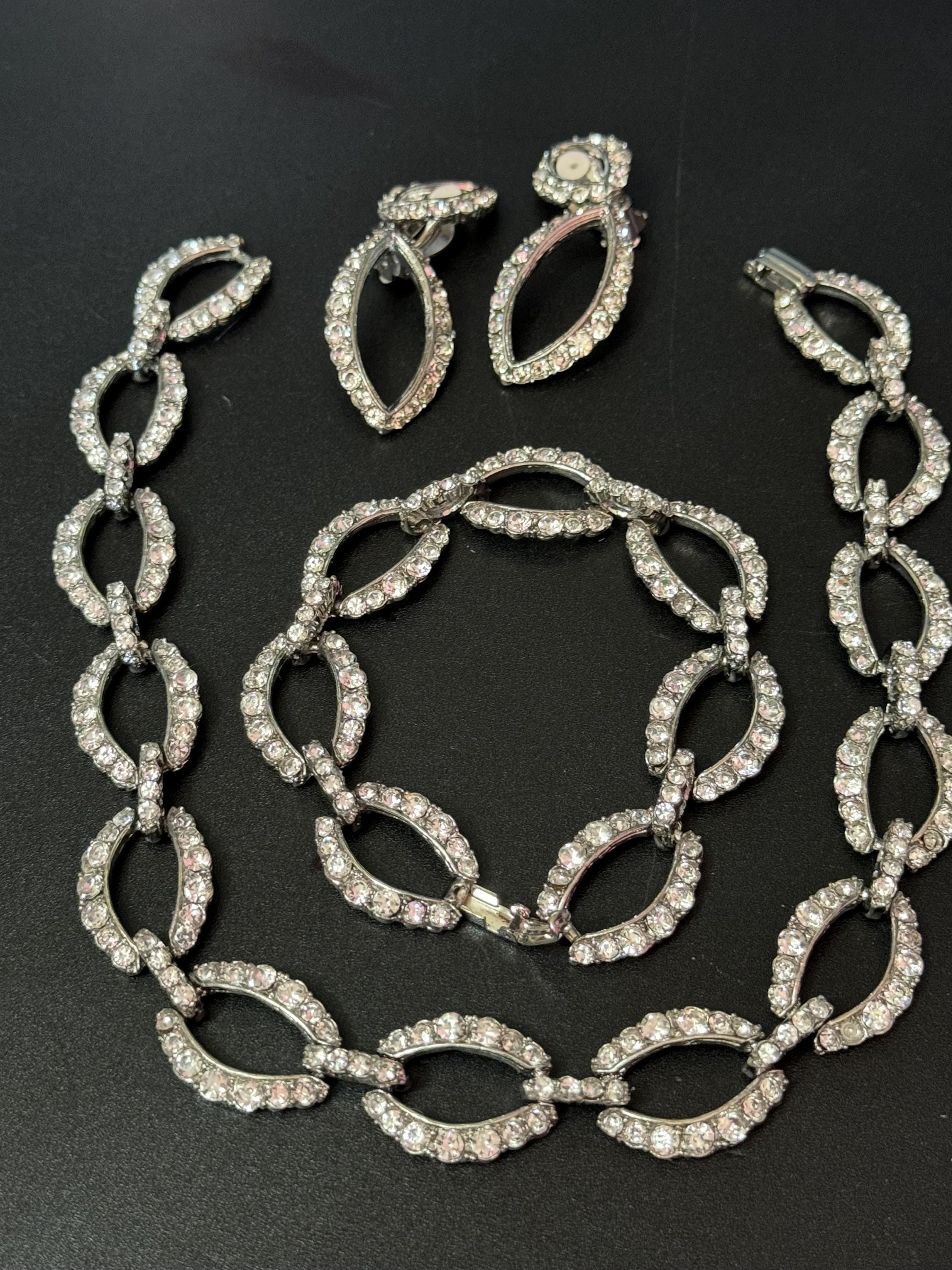 Vintage silver tone clear diamanté rhinestone wide choker necklace bracelet and long drop clip on earring matching set