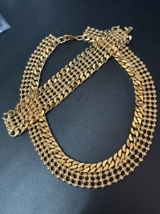 vintage gold tone chunky high shine wide chain link necklace and bracelet jewellery set