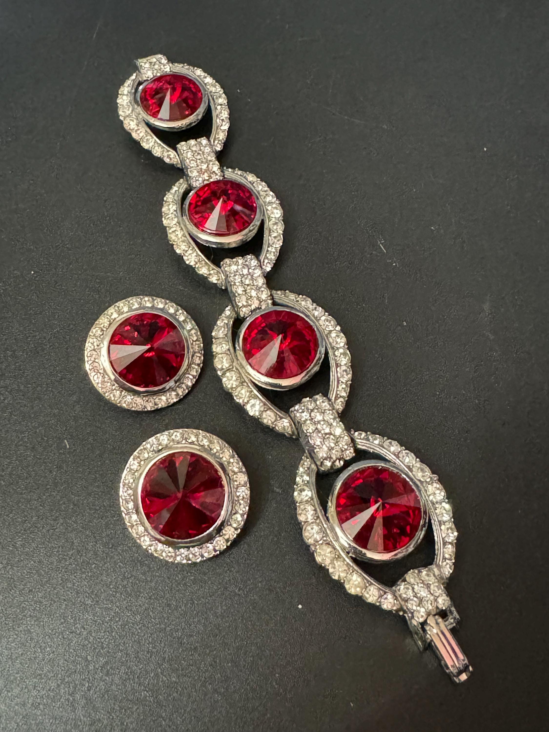 vintage Swarovski Diamanté silver tone ruby red Rivoli crystal rhinestone cocktail Bracelet and matching clip on earrings jewellery set