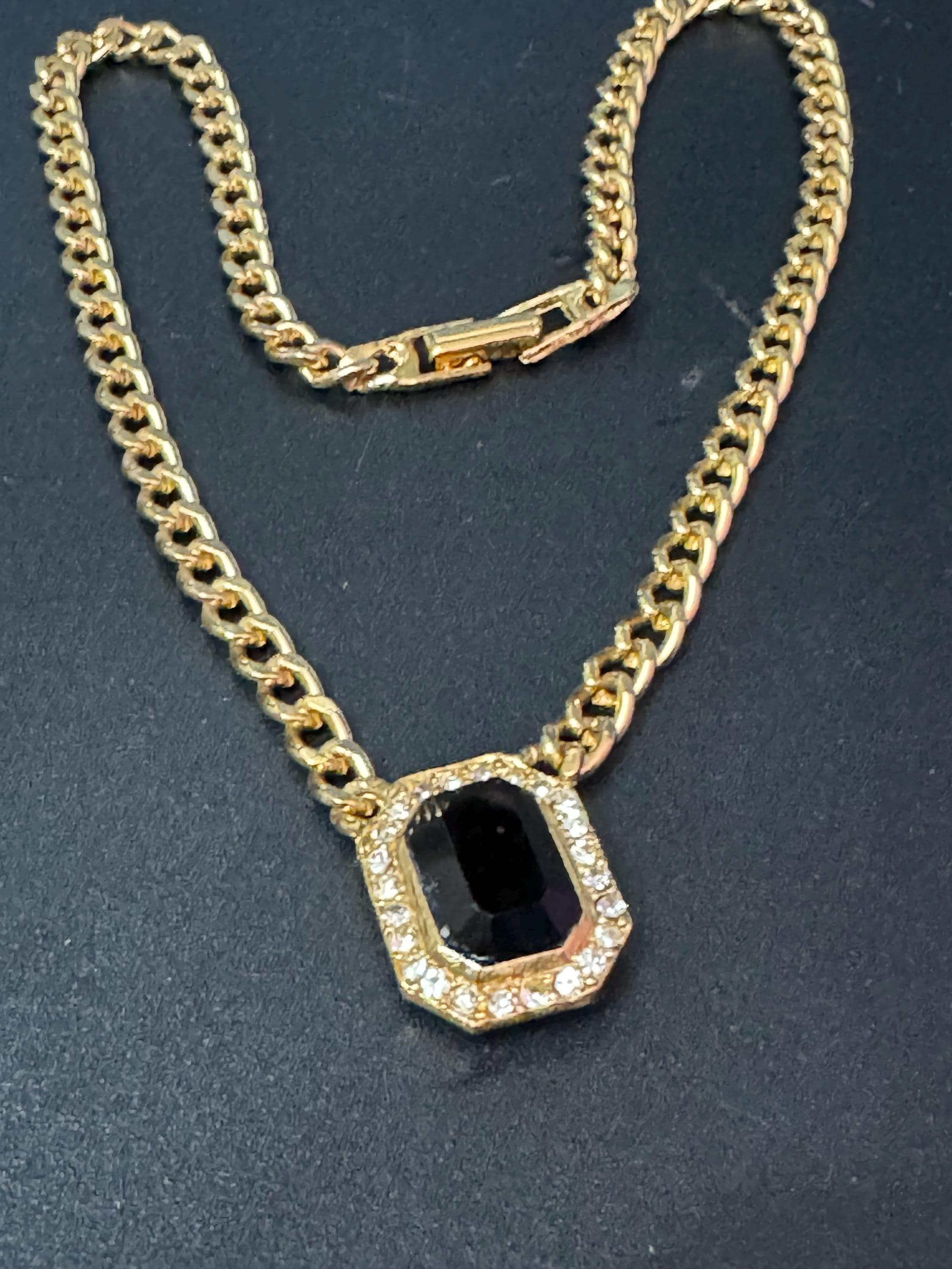 Vintage 1980s Swarovski crystal set black and clear diamanté octagonal pendant necklace gold tone high end old shop stock