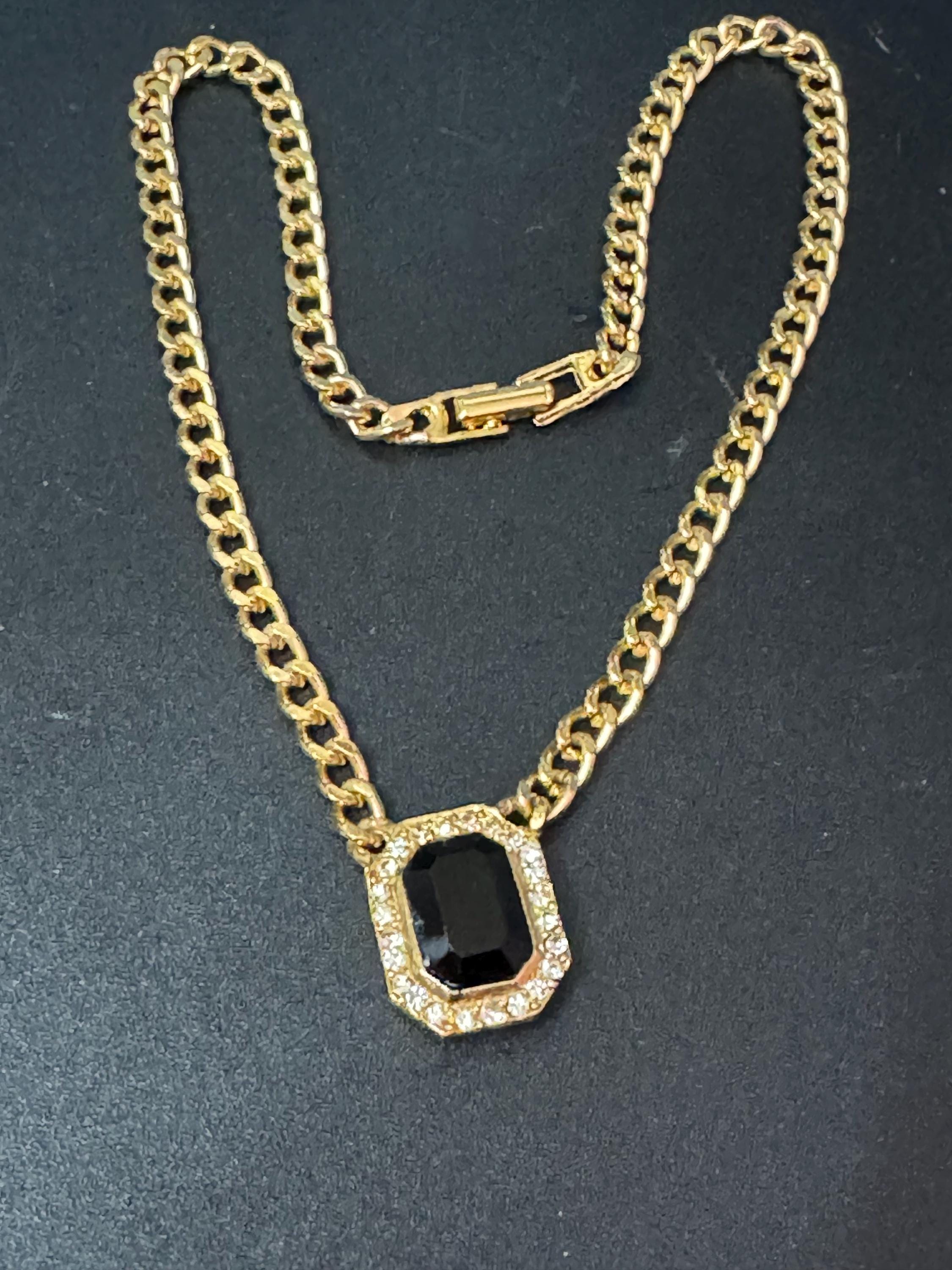 Vintage 1980s Swarovski crystal set black and clear diamanté octagonal pendant necklace gold tone high end old shop stock