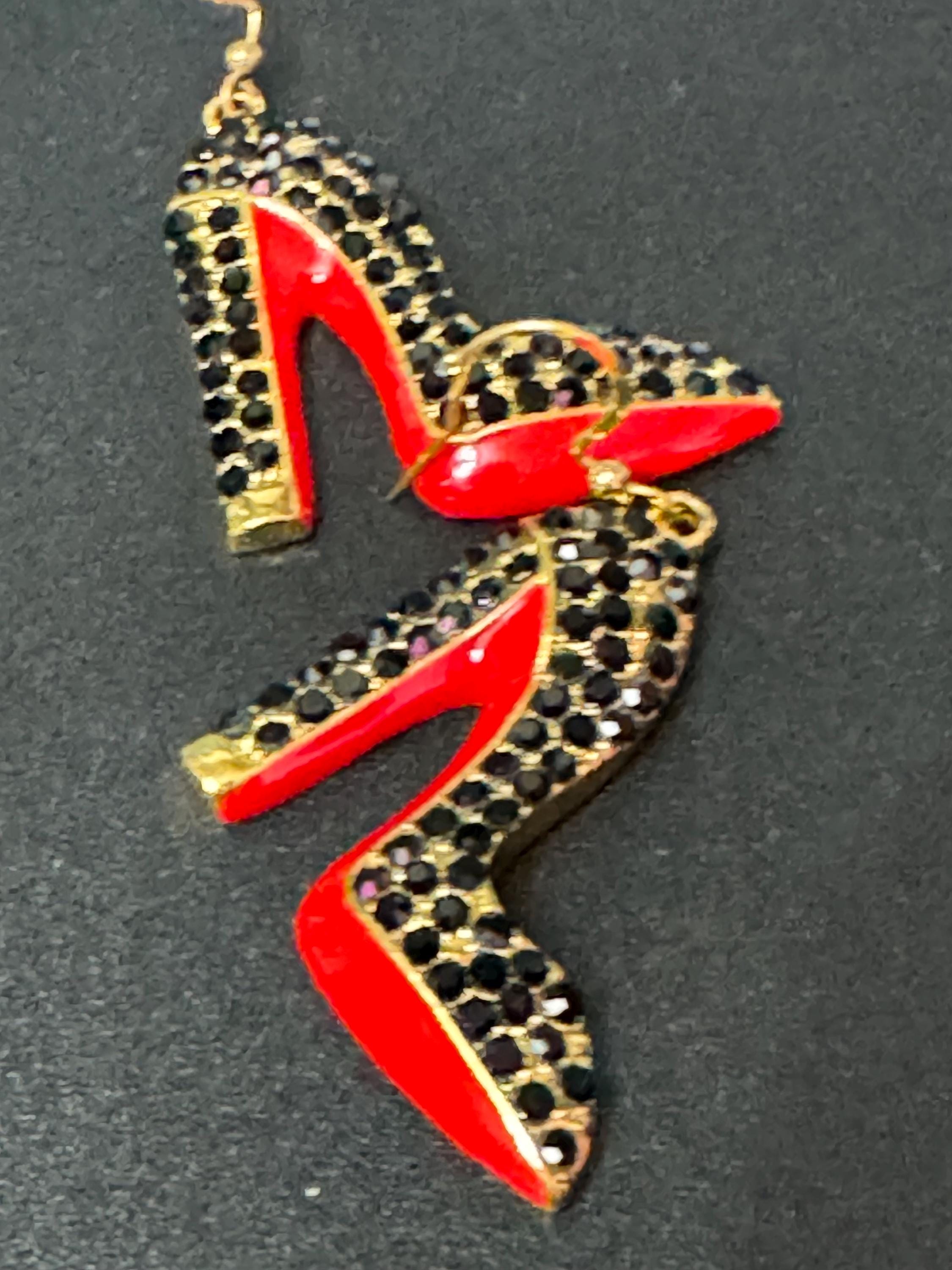 gold and enamel red soled black diamanté designer inspired stiletto high heel shoe drop earrings pair