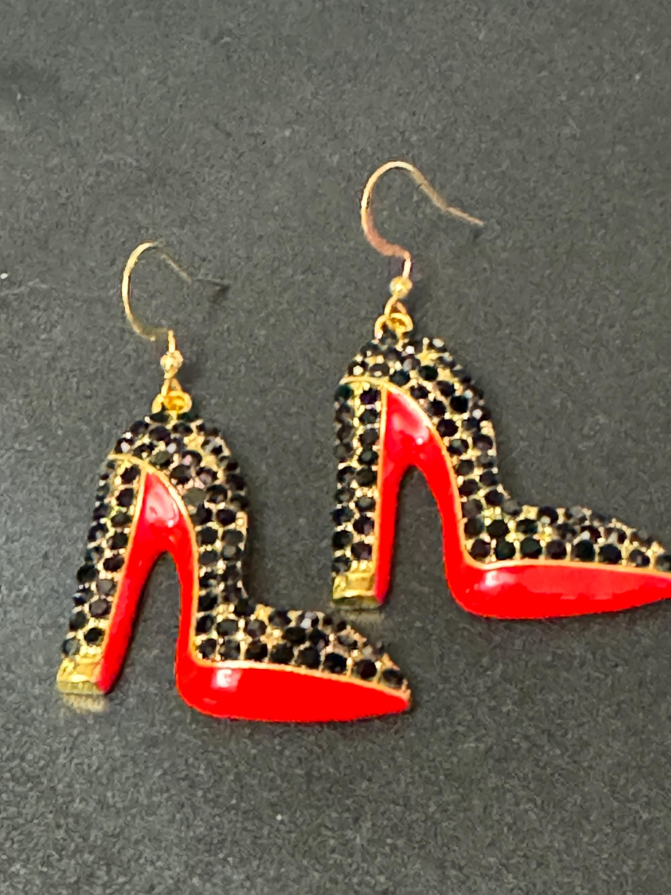 gold and enamel red soled black diamanté designer inspired stiletto high heel shoe drop earrings pair