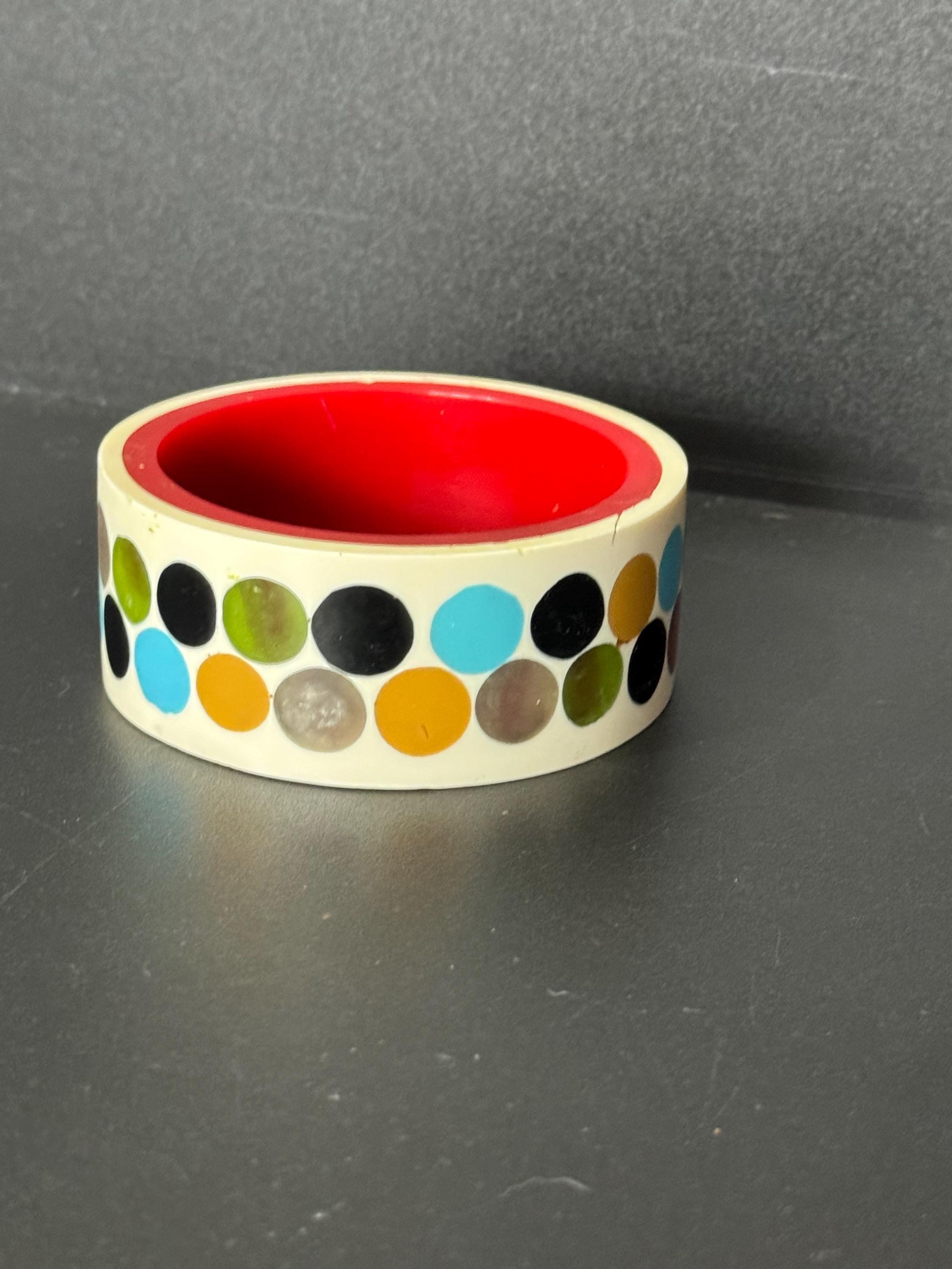 Cream vintage chunky polka dot wide acrylic plastic bangle bracelet blues browns