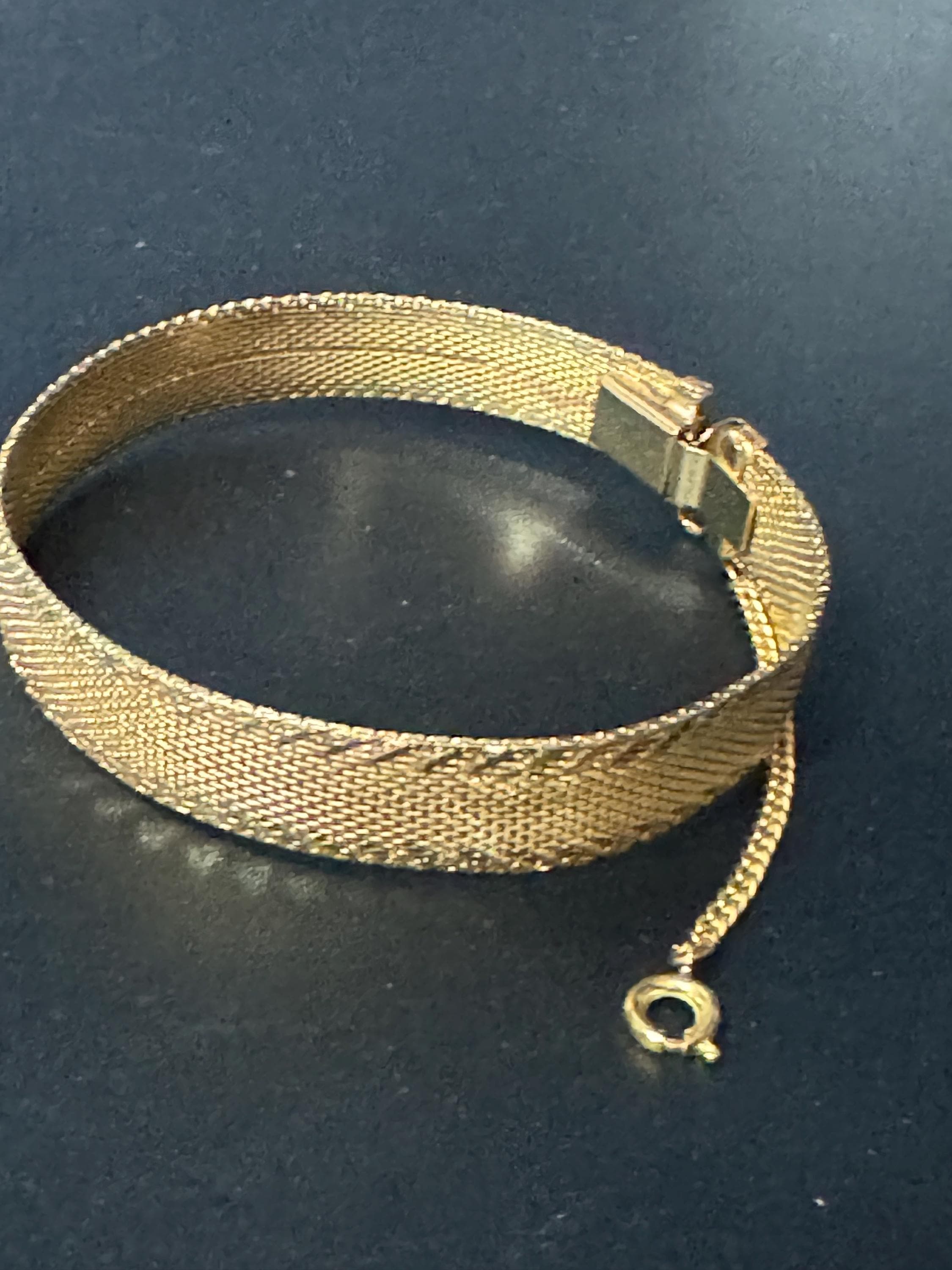 True Vintage pristine gold plated wide mesh flat link bangle bracelet 18.5 x 12mm old shop stock