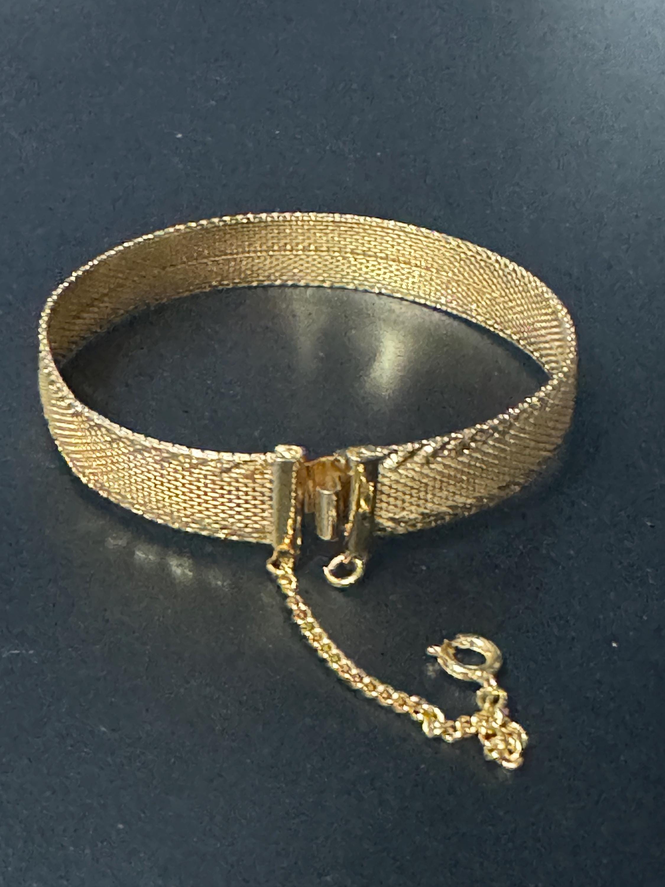 True Vintage pristine gold plated wide mesh flat link bangle bracelet 18.5 x 12mm old shop stock